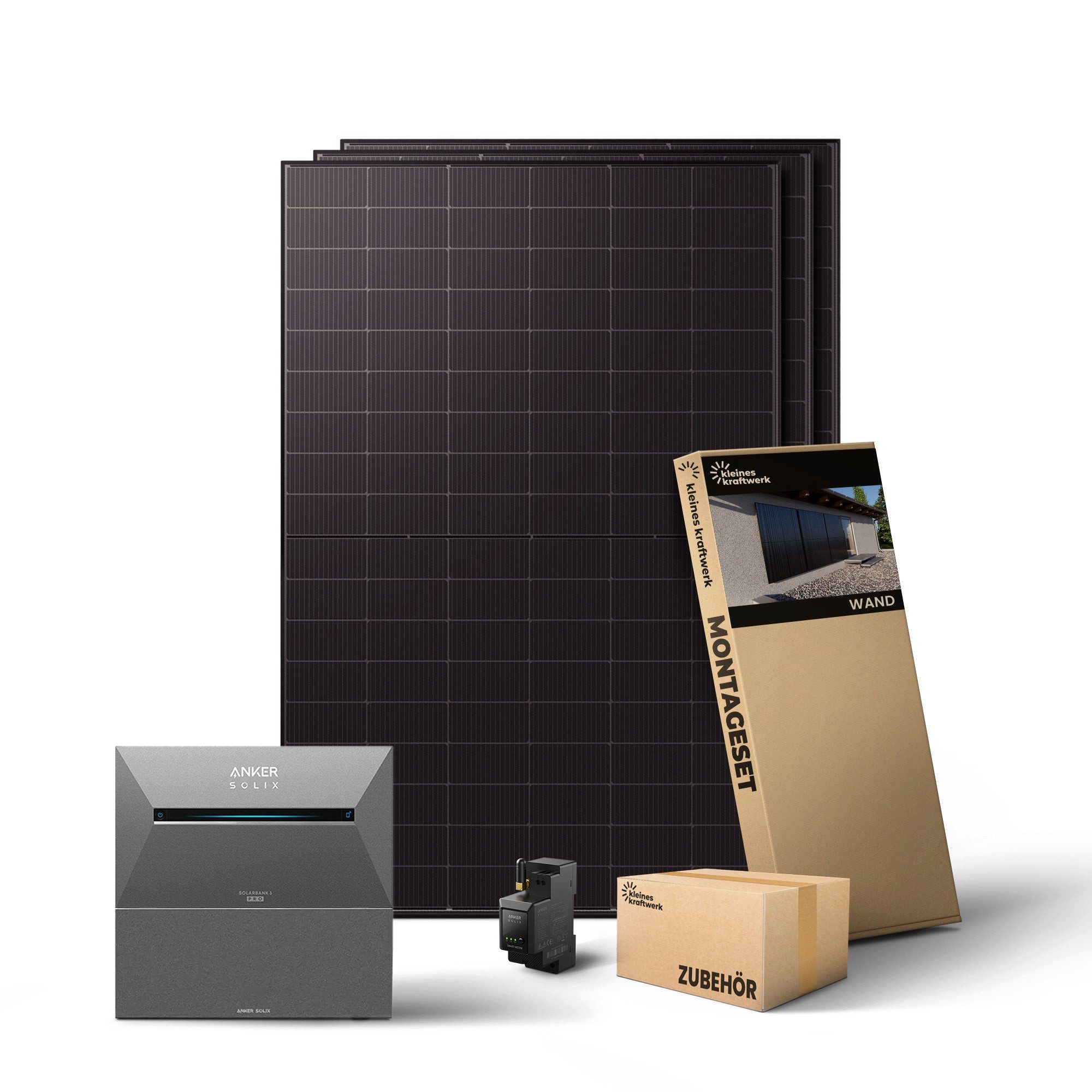 Kleines Kraftwerk Balkonkraftwerk, 1500 W, Monokristallin, (Wand, 0% MwSt für Privatkunden - Solaranlage Komplettset mit Speicher), 3 x 500W, Anker Solarbank 3 Pro, Wechselrichter