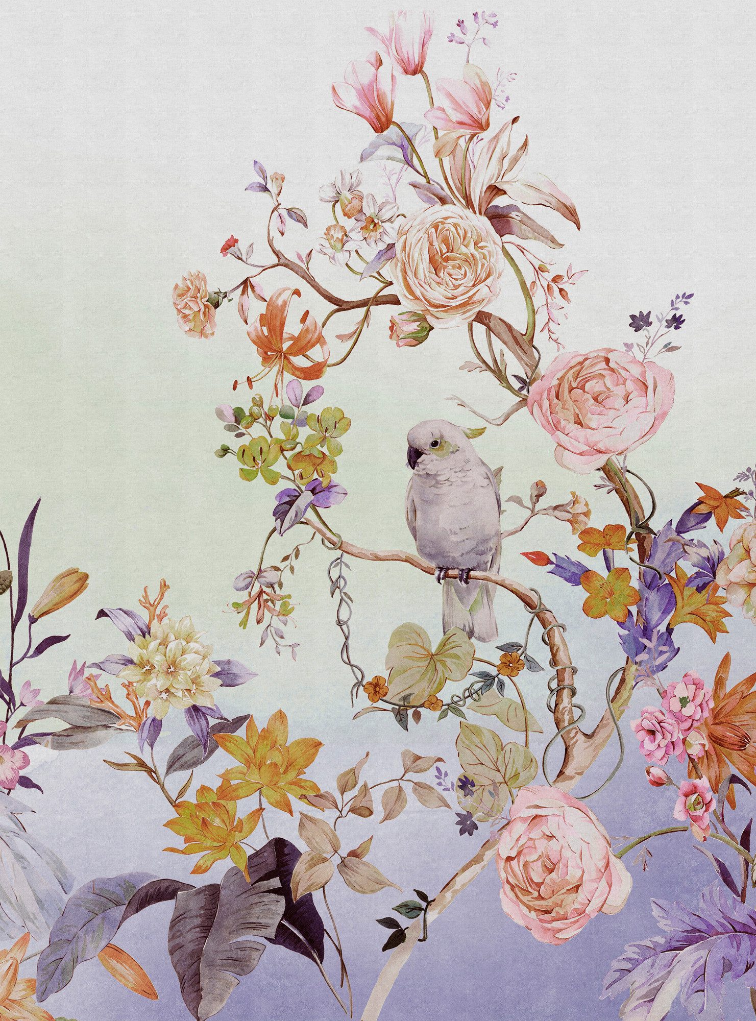living walls Vliestapete Florale Vogel-Tapete Pastell Rosa Lila Romantisch, glatt, matt, (1 St)
