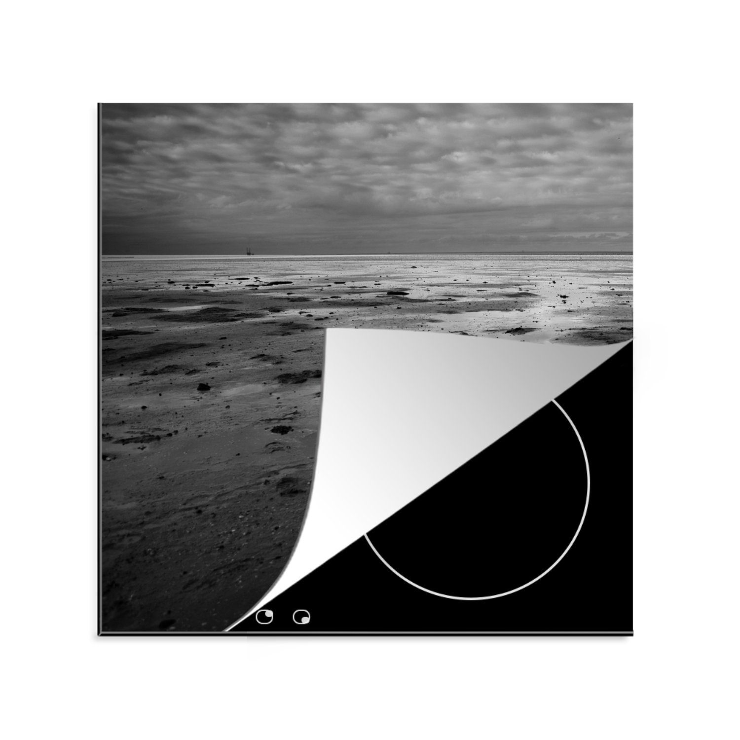 MuchoWow Herdblende-/Abdeckplatte Wattenmeer - Schwarz - Weiß - Seen, Vinyl, (1 tlg), 78x78 cm, Ceranfeldabdeckung, Arbeitsplatte für küche