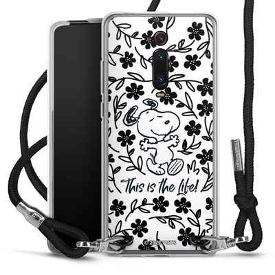 DeinDesign Handyhülle Peanuts Blumen Snoopy Snoopy Black and White This Is The Life, Xiaomi Mi 9T Handykette Hülle mit Band Case zum Umhängen