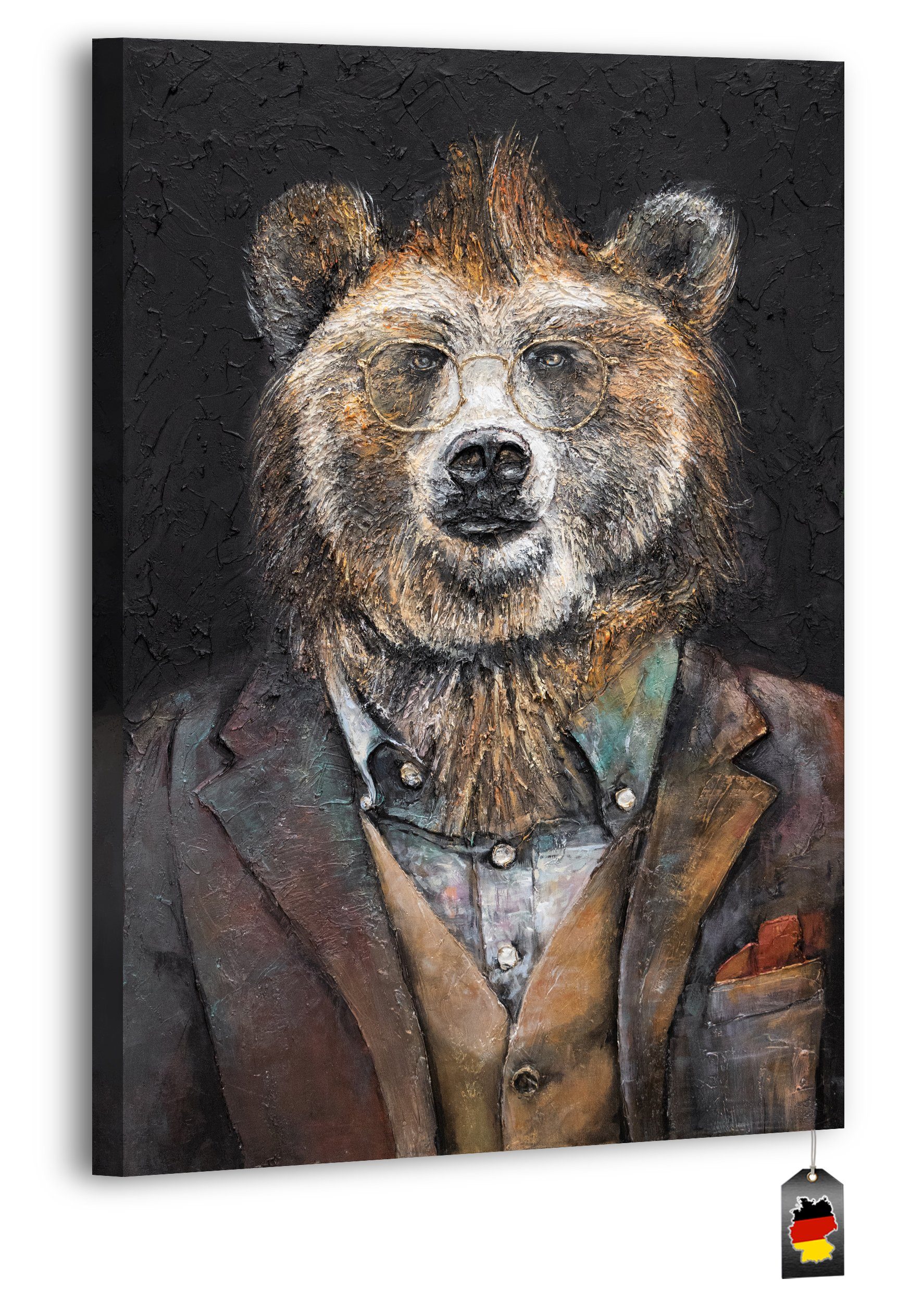 YS-Art Gemälde Stärke, Tiere, Bär Leinwand Bild Handgemalt Tier mit Anzug