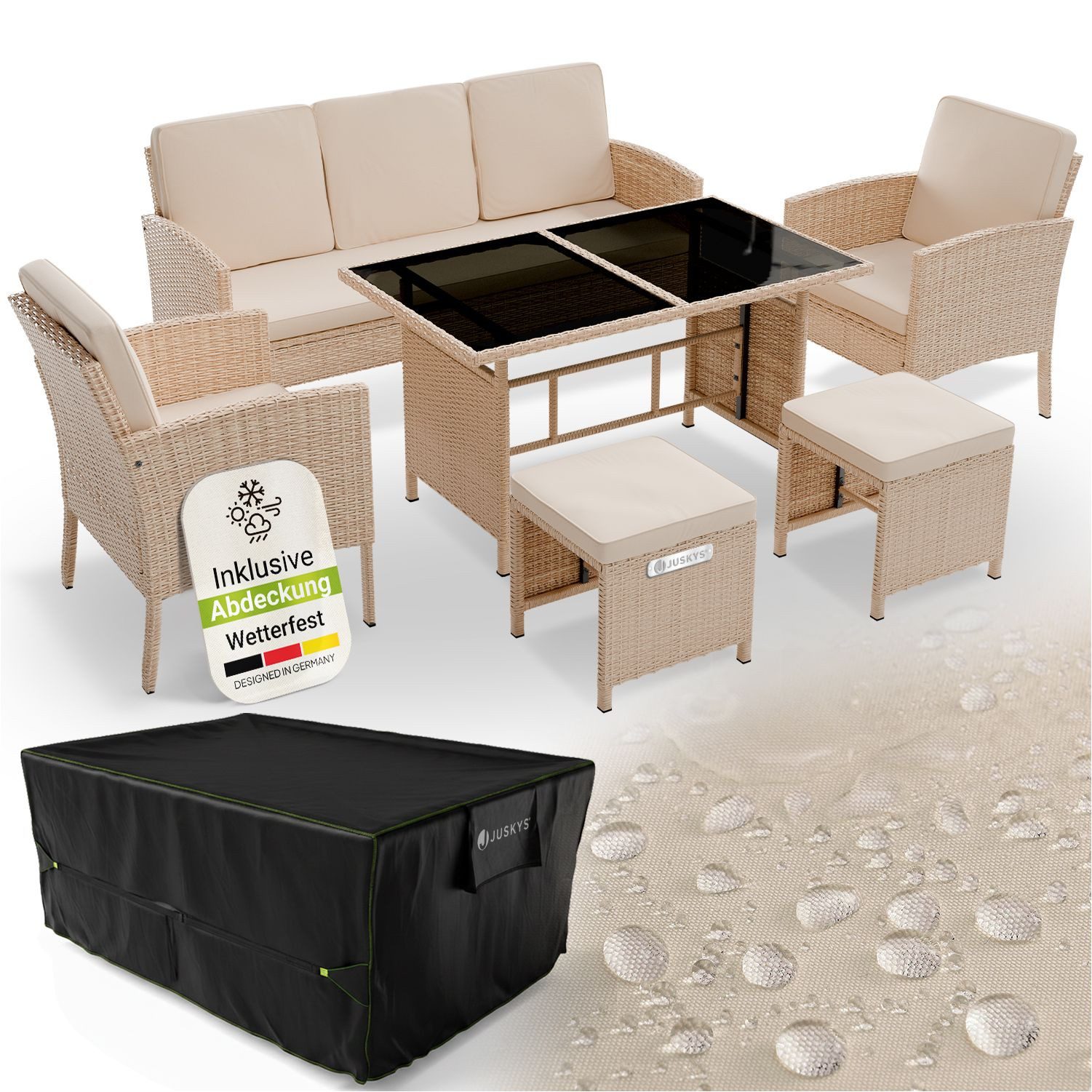 Juskys Gartenlounge-Set Turin, (6-tlg), Polyrattan Sitzgruppe für 7 Personen, Gartenmöbel inkl. Abdeckung