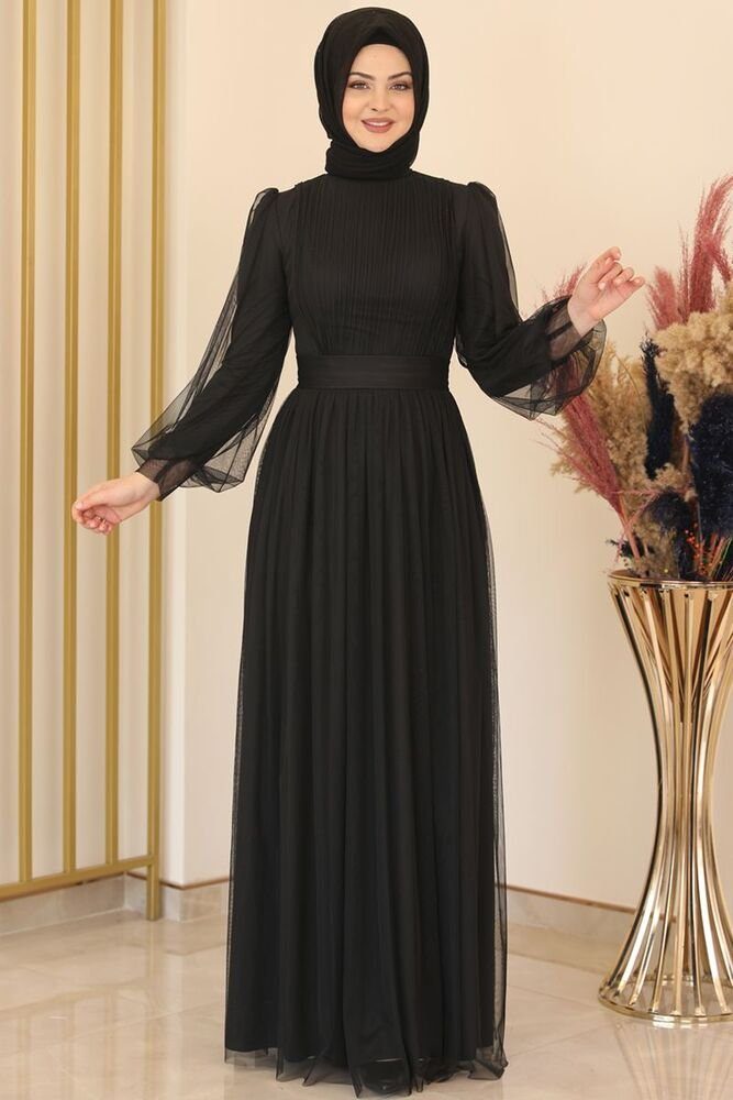 Modavitrini Abendkleid Tüllkleid Schwarz Kleid Damenkleid Abiye Abaya Hijab Langärmliges Maxikleid