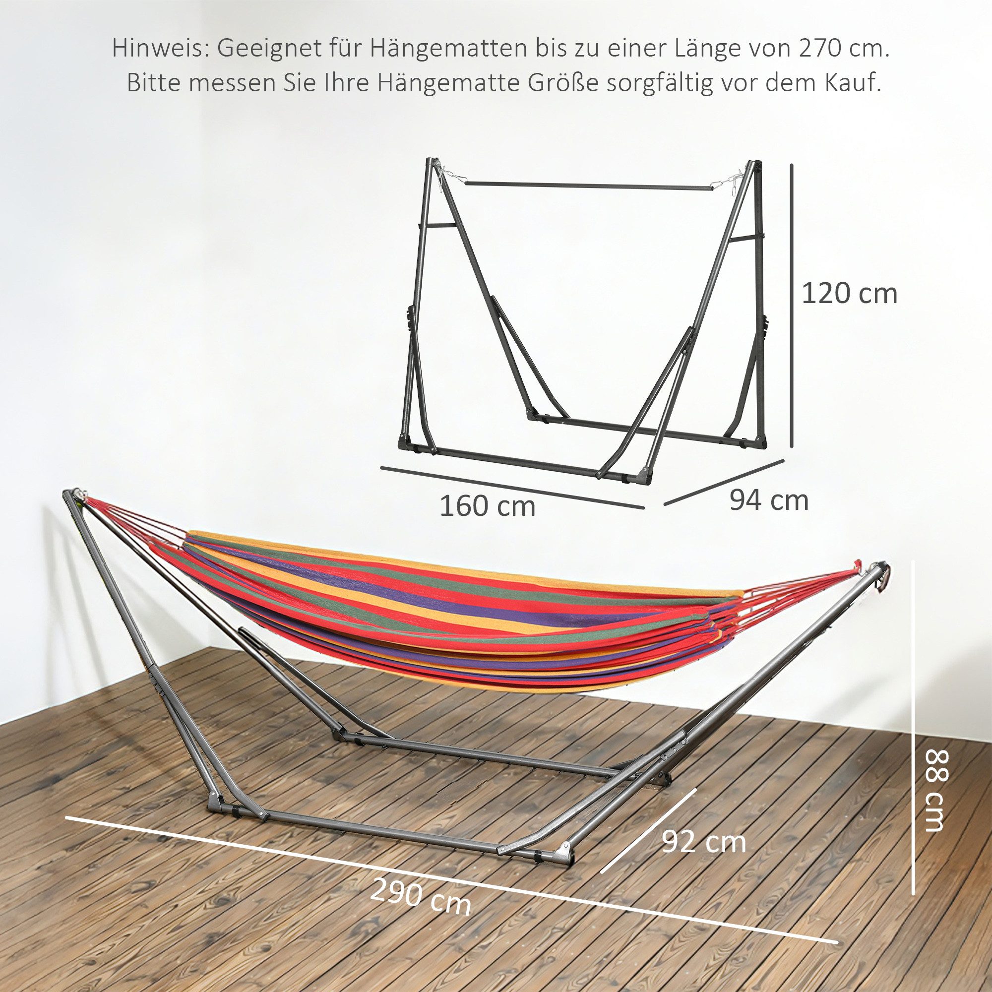 Outsunny Hängemattengestell Kleiderständer für Terrasse, Garten, Hof, (Hängemattenständer, 1-St., Hängematte), bis 120 kg Belastbar, Stahl, 290 x 92 x 88cm