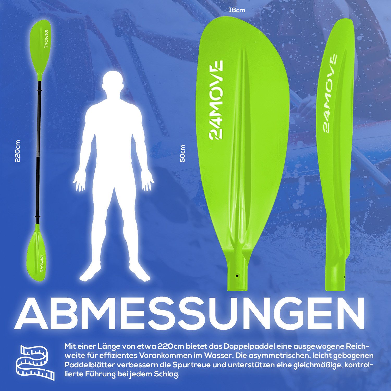 24Move Doppelpaddel, Stand Up Paddle Aluminium SUP-Paddel, (Winkelverstellung, universell einstellbar, verstellbar, 2-teilig, SUP-Paddel), für Paddelboards, Kajakboot und Ruderboot