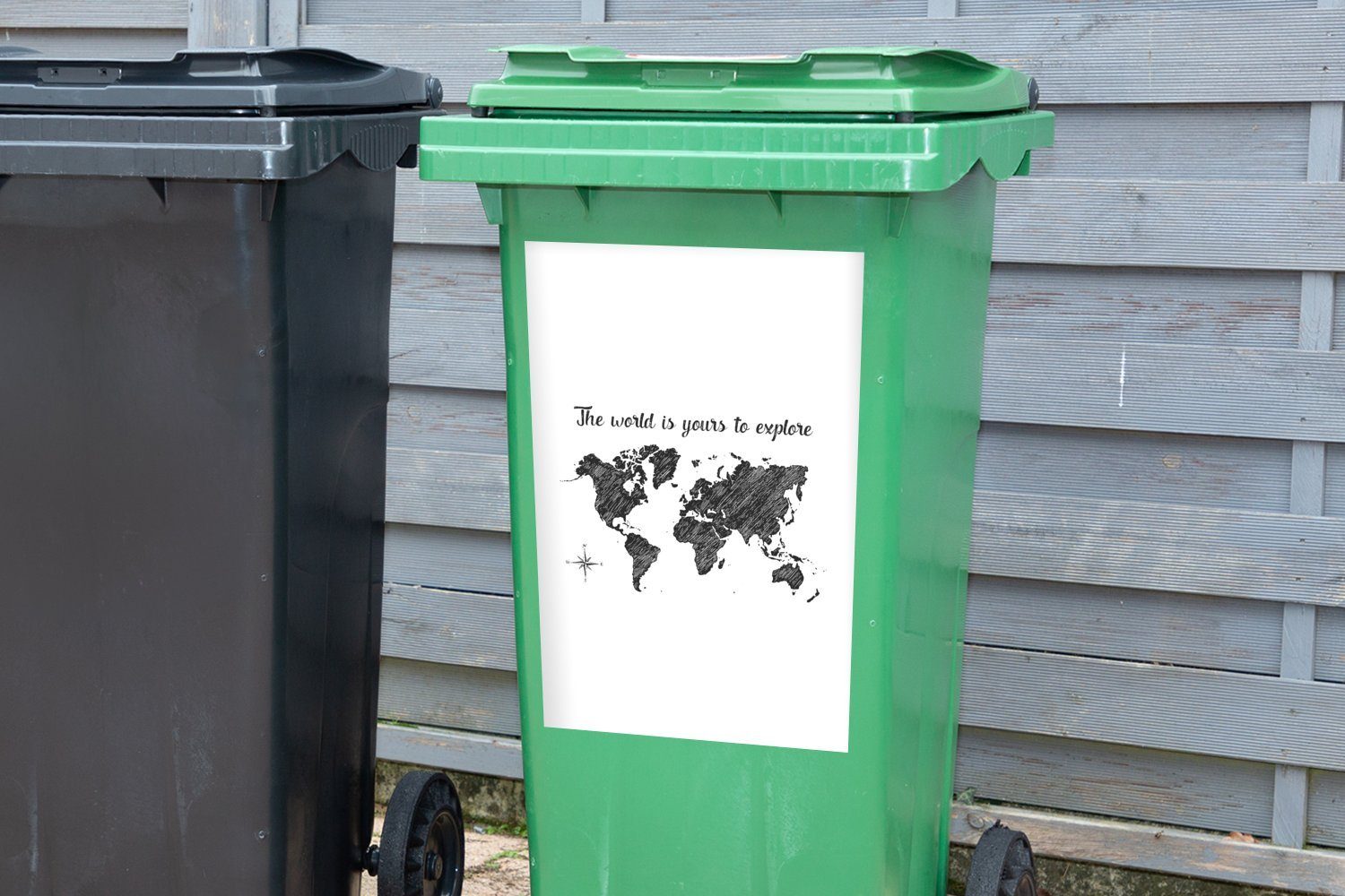 MuchoWow - - (1 Wandsticker Weltkarte Zitate Abfalbehälter Schwarz Sticker, Weiß St), - Mülltonne, Container, Mülleimer-aufkleber,
