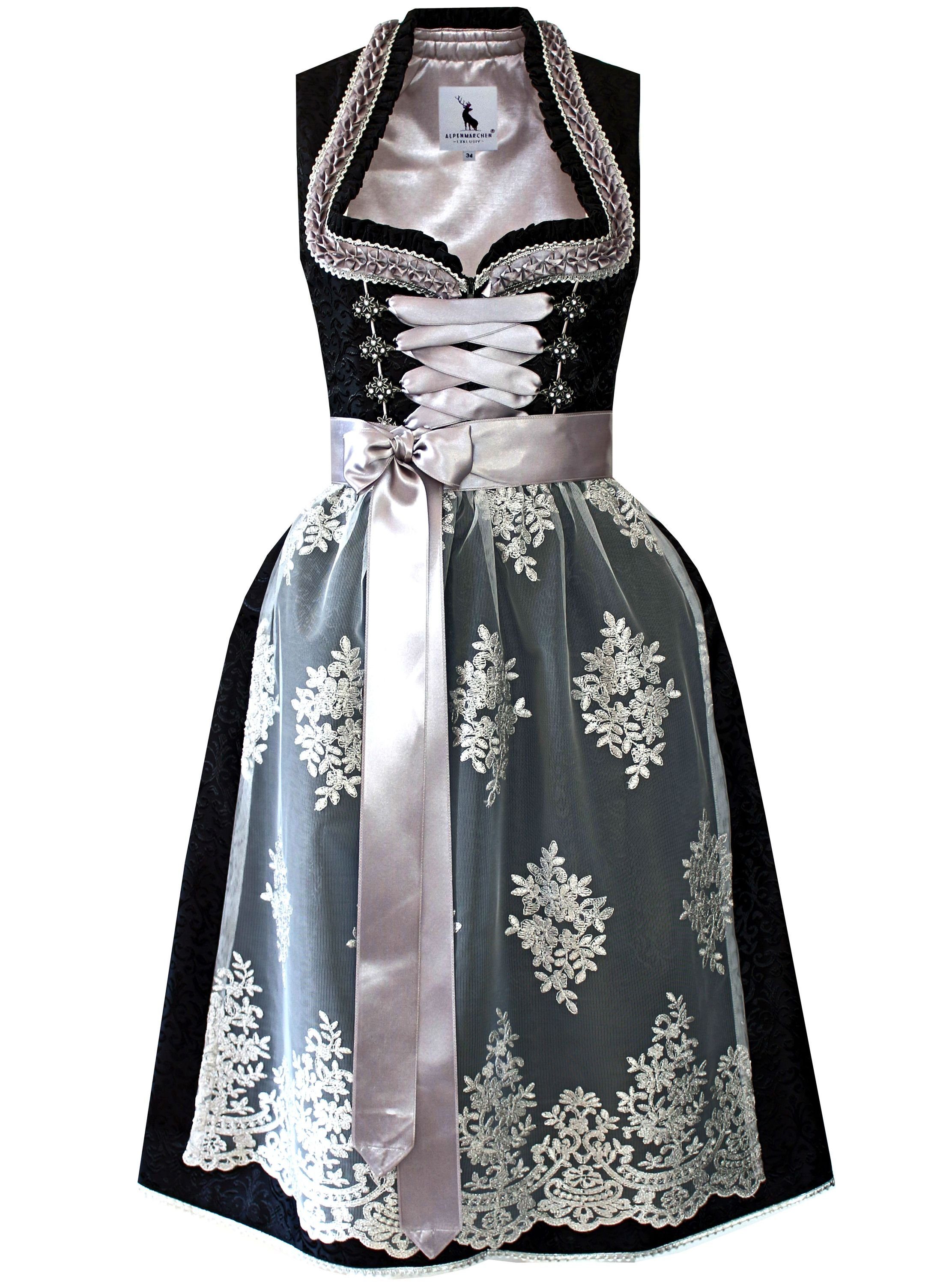 Alpenmärchen 3-teiliges Dirndl-Set Schwarz-Türkis - Mit Bluse & Schürze Gr.32-60