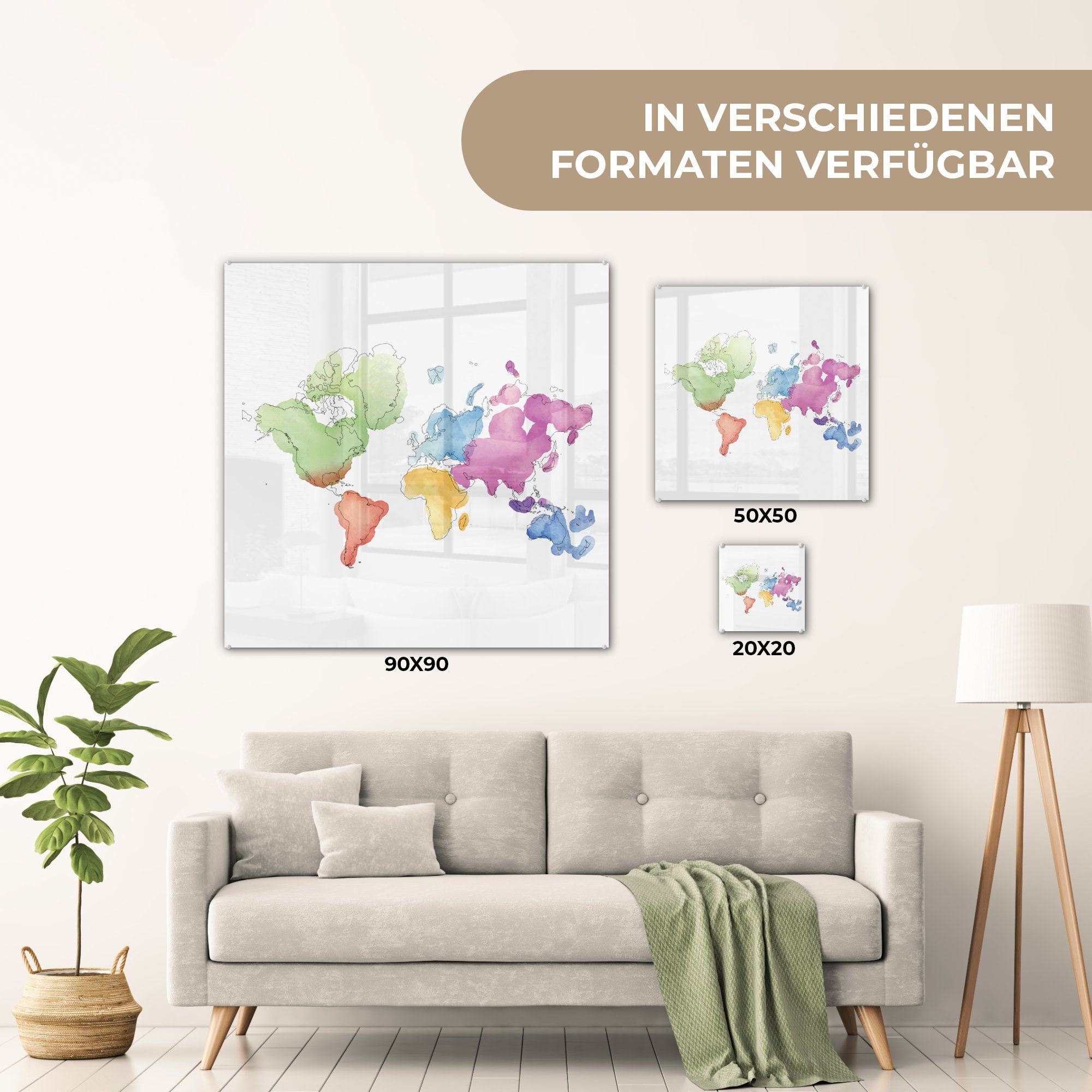 - - auf Aquarell, Wandbild - Wanddekoration Acrylglasbild auf St), Glasbilder (1 Weltkarte in Glas Foto Moderne MuchoWow Glas Bilder