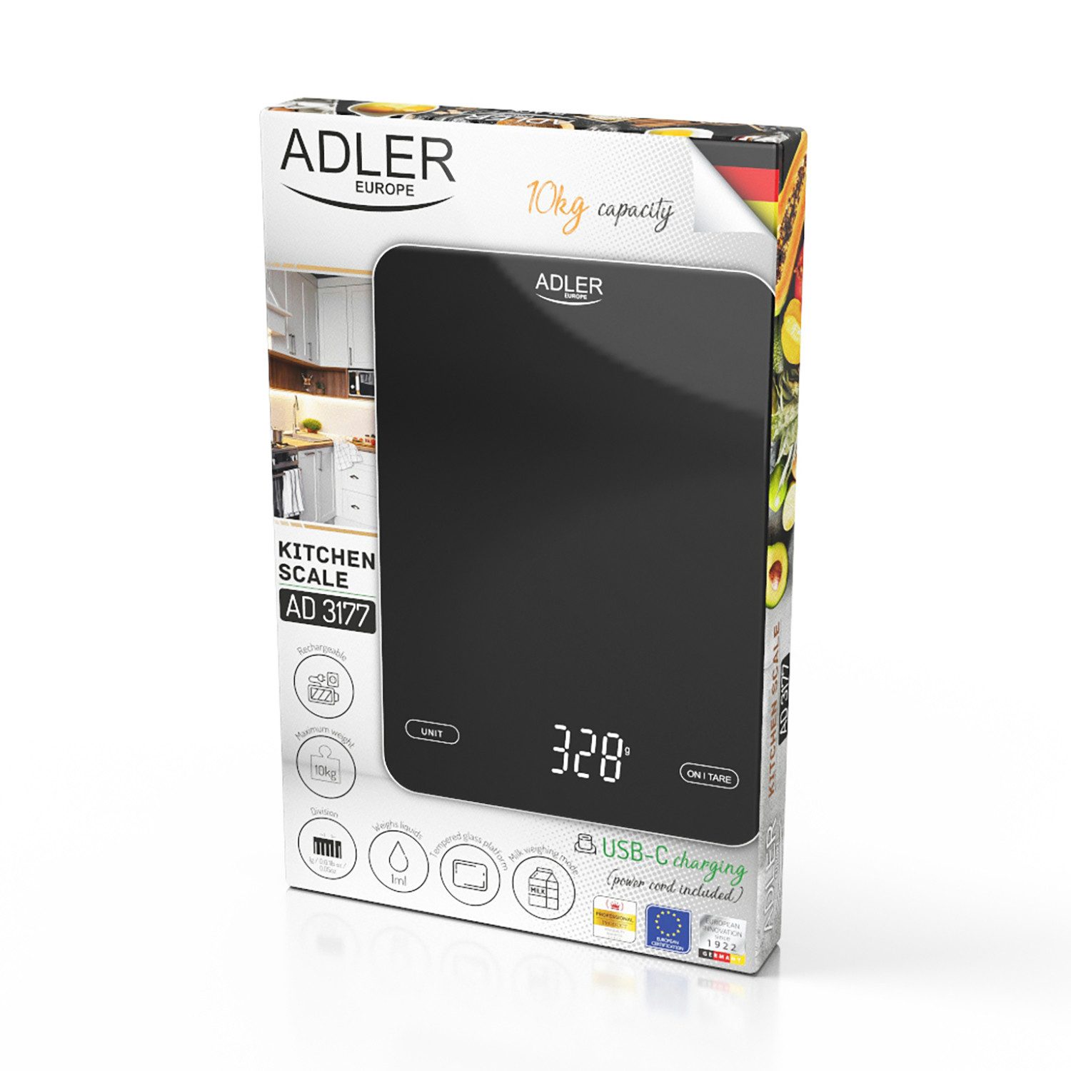 Adler Küchenwaage Adler AD 3177b Akku-Küchenwaage schwarz, USB, bis 10 kg