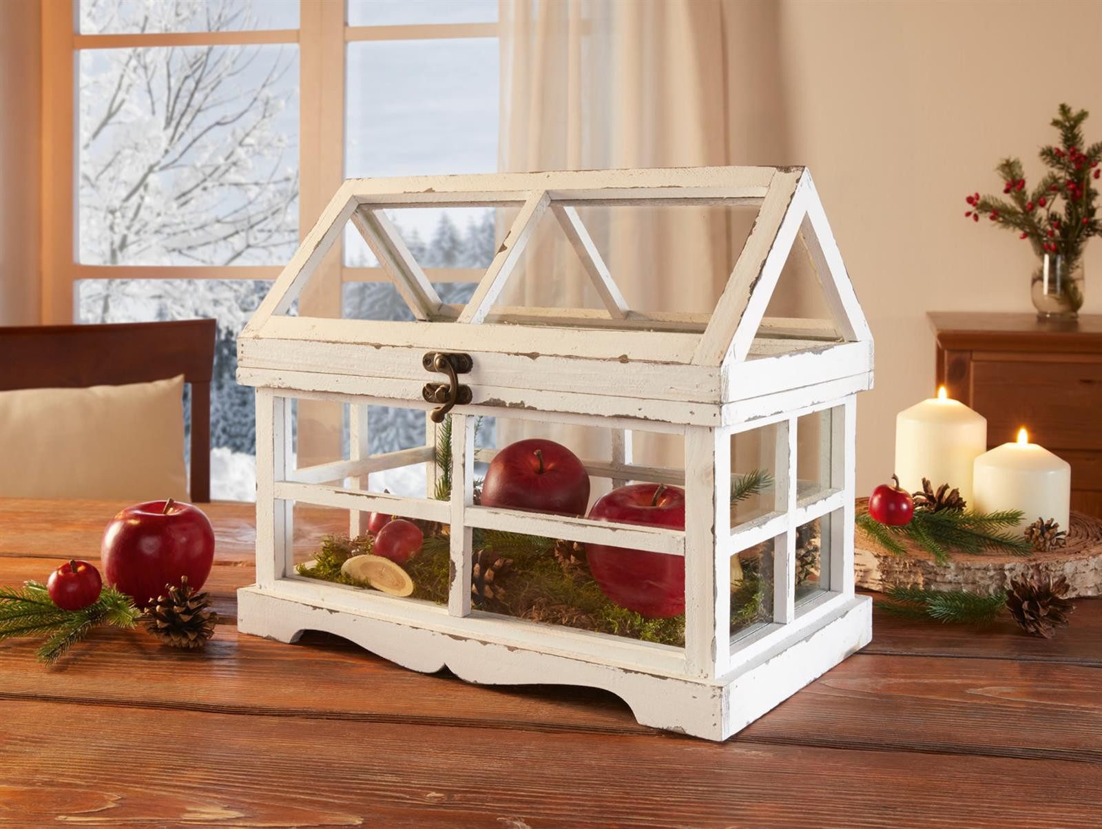 Dekoleidenschaft Dekoobjekt Mini-Gewächshaus "Shabby" aus Holz weiß 37x21x31 cm, kleines Terrarium, Indoor Treibhaus, Deko Zimmergewächshaus für Tisch & Fenster – Bild 3 von 5