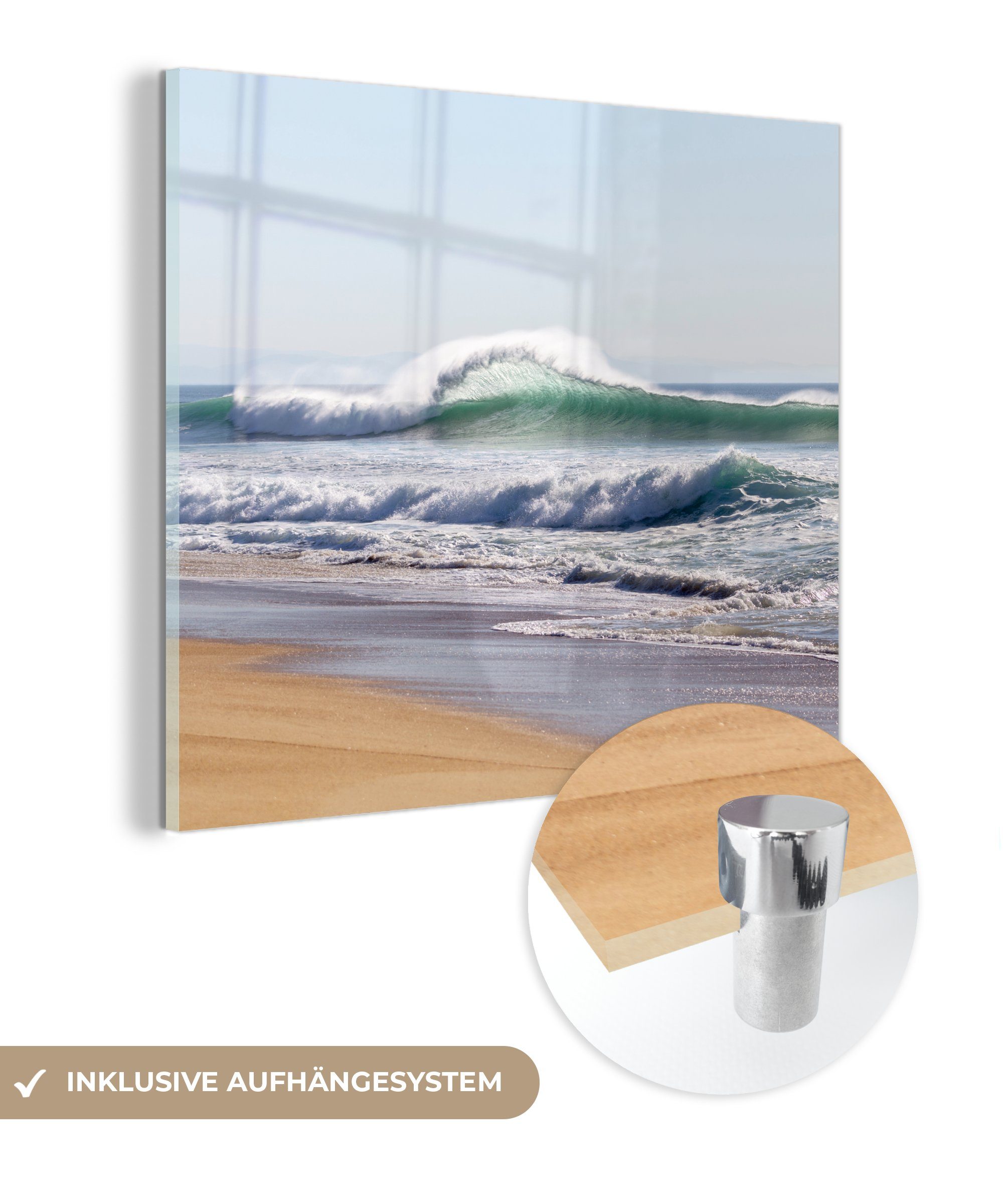 MuchoWow Acrylglasbild Strand - Wellen - Meer, (1 St), Glasbilder - Bilder auf Glas Wandbild - Foto auf Glas - Wanddekoration