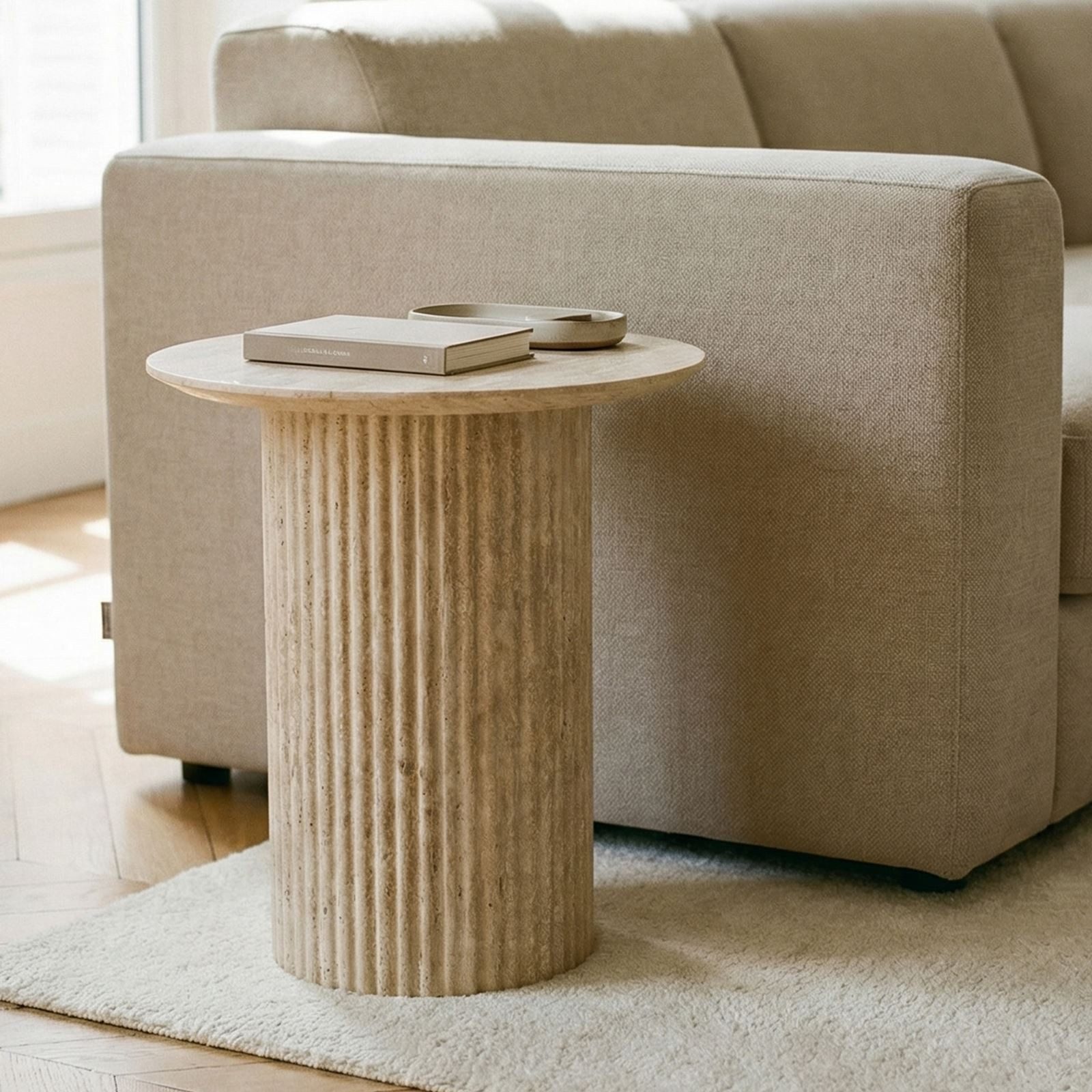 IDIMEX Beistelltisch TEBUR, Beistelltisch rund 45cm in Travertinoptik mit geriffeltem Design Beige