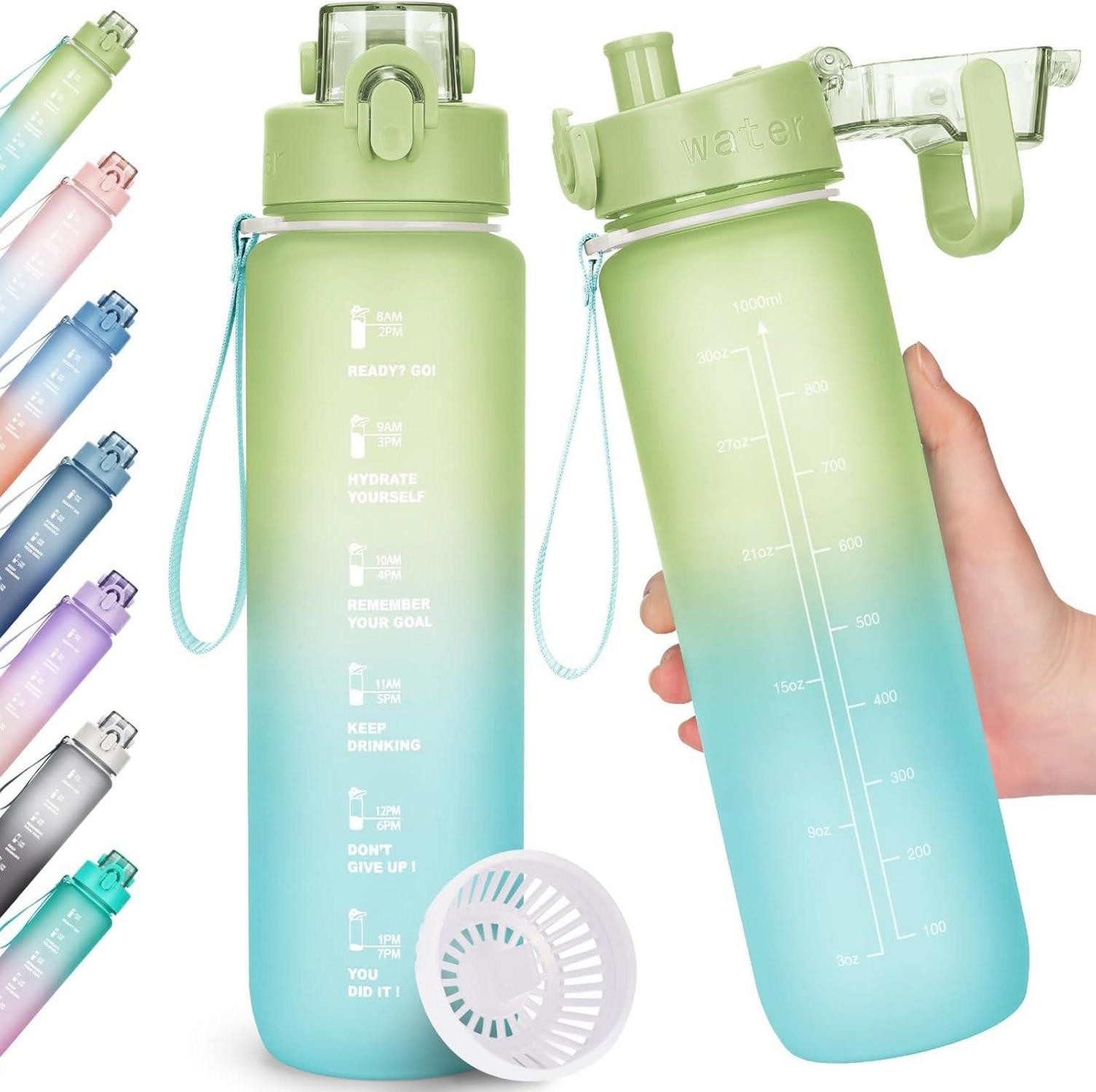 Becher Sport Trinkflasche 1l BPA-frei Auslaufsicher Zeitmarkierung Fitness
