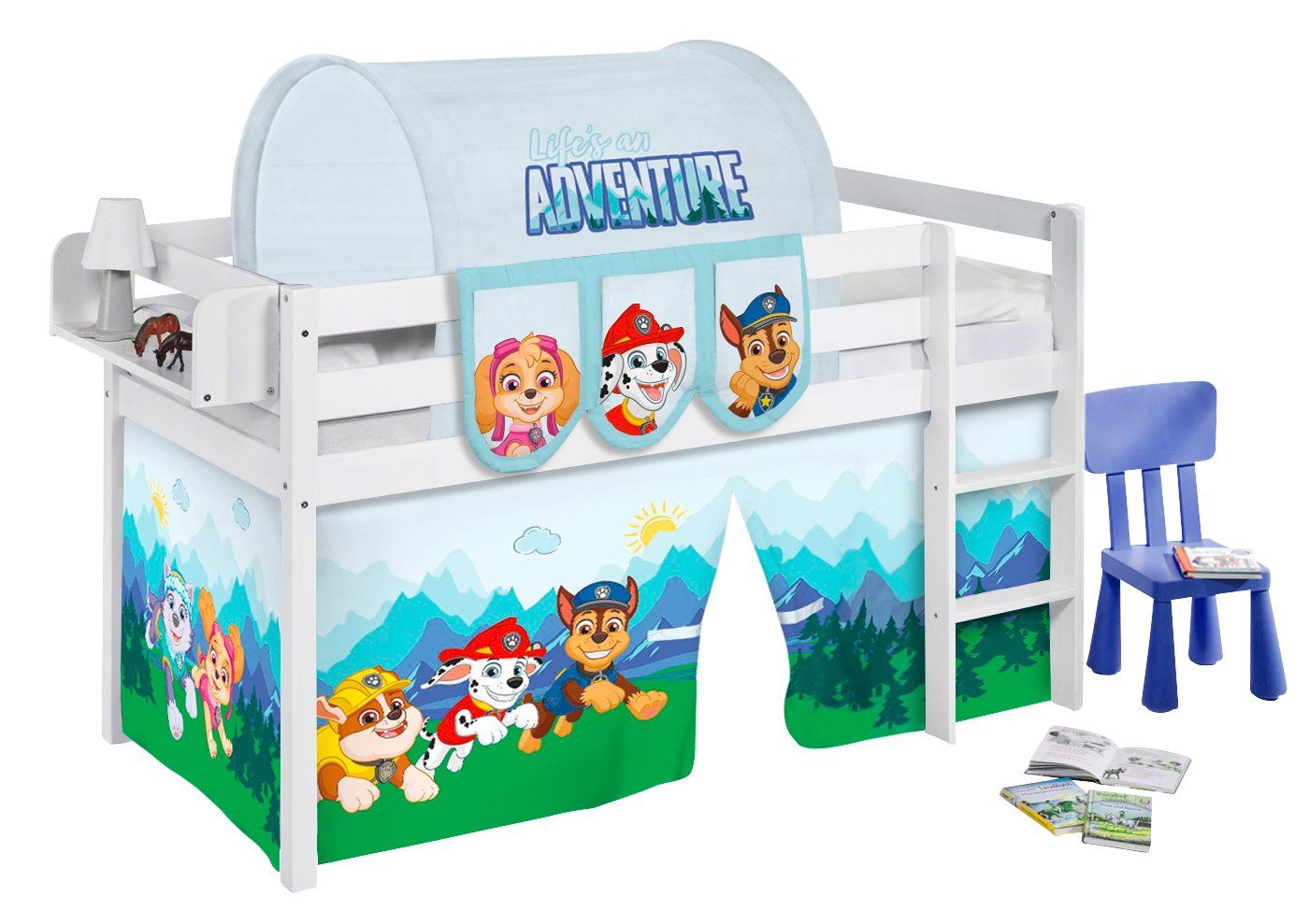 Lilokids Kinderbett Hochbett JELLE weiß mit Vorhang PAW PATROL 200x90 cm
