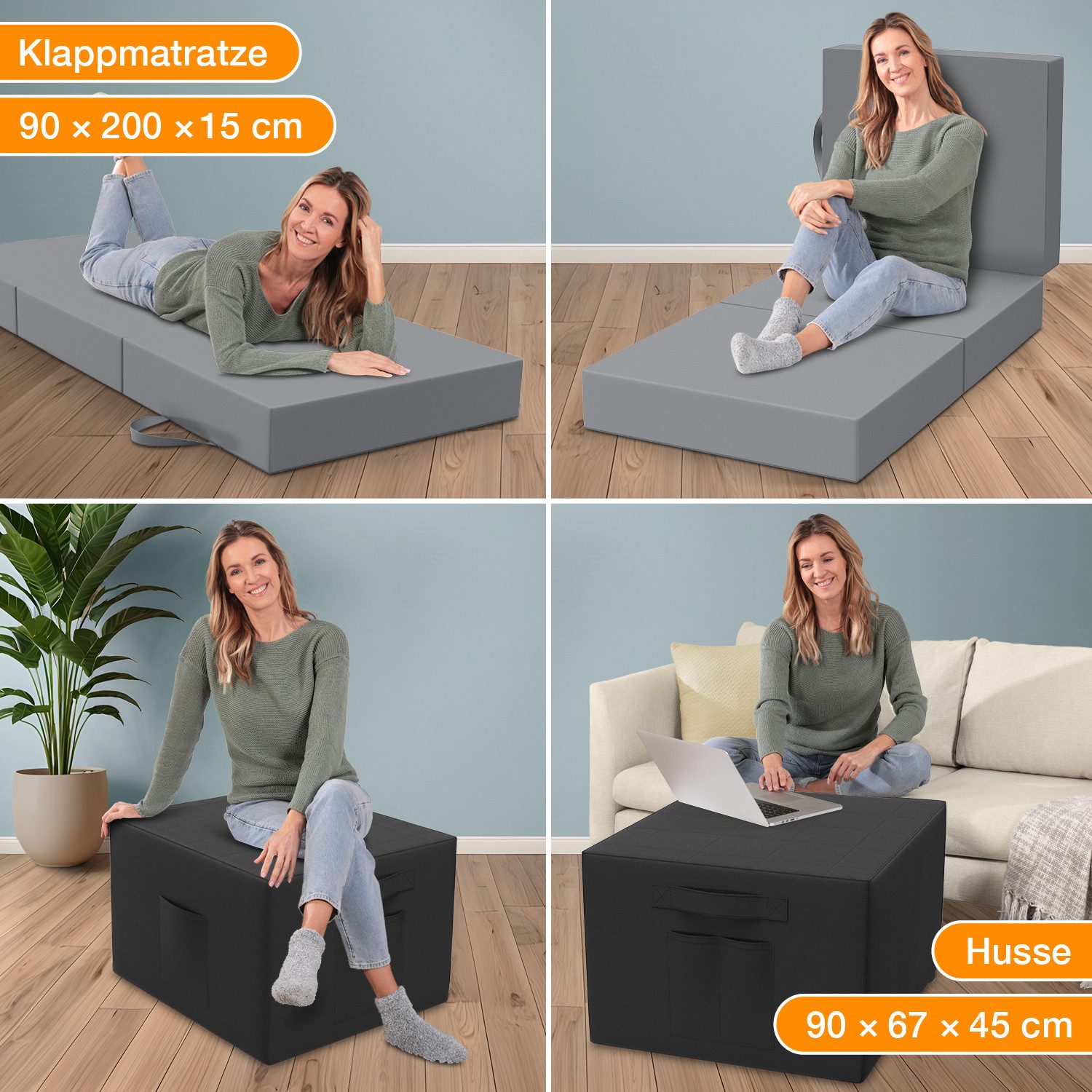 Klappmatratze Spar-Set inkl. Husse & Transporttasche, ELONEO, 15 cm hoch, versch. Größen & Farben – Bild 4 von 5