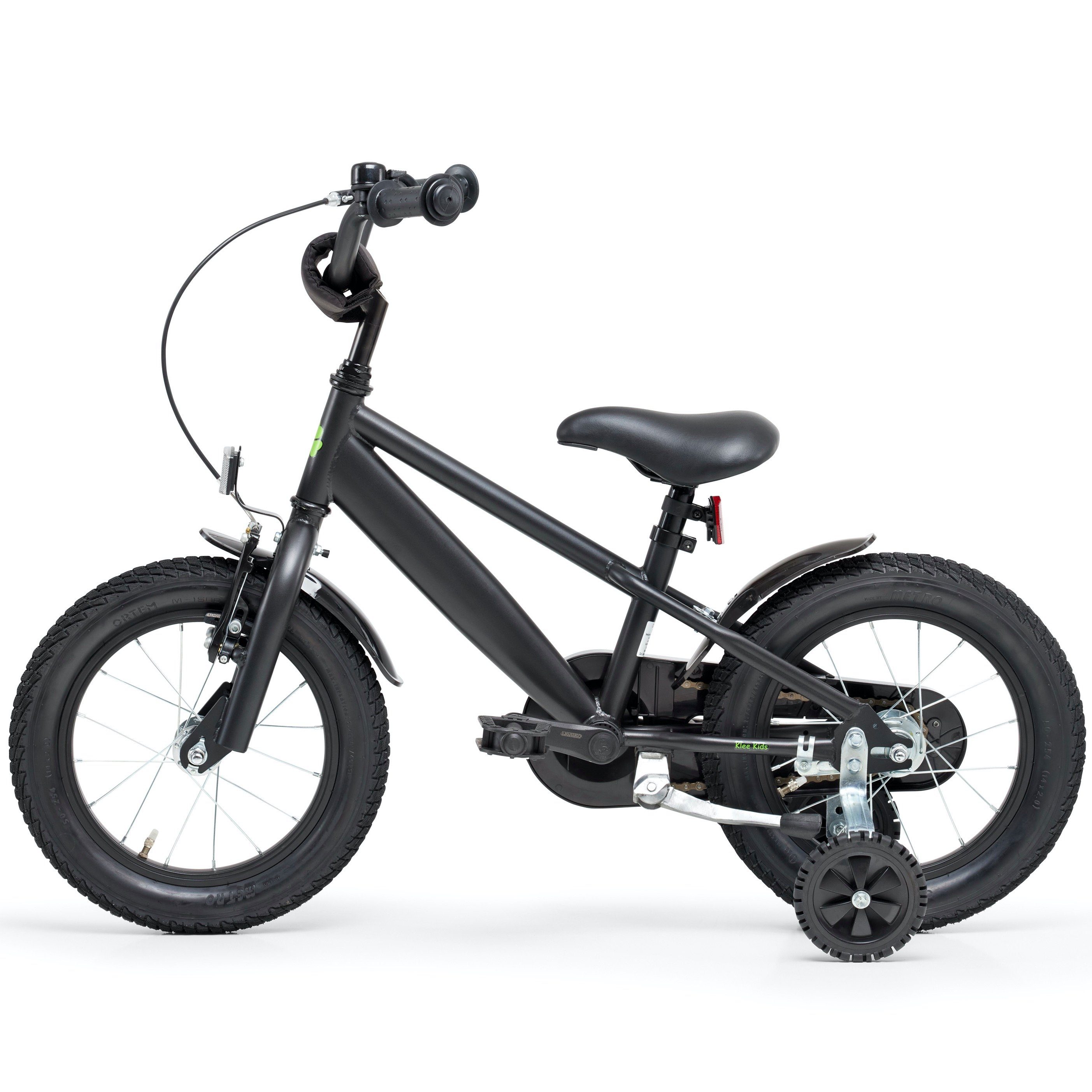 Klee-Kids Kinderfahrrad 14 Zoll Matt Schwarz Fahrrad ab 3 Jahre, Stützräder, Ständer, Rücktrittbremse, V-Brake, 98% vormontiert!