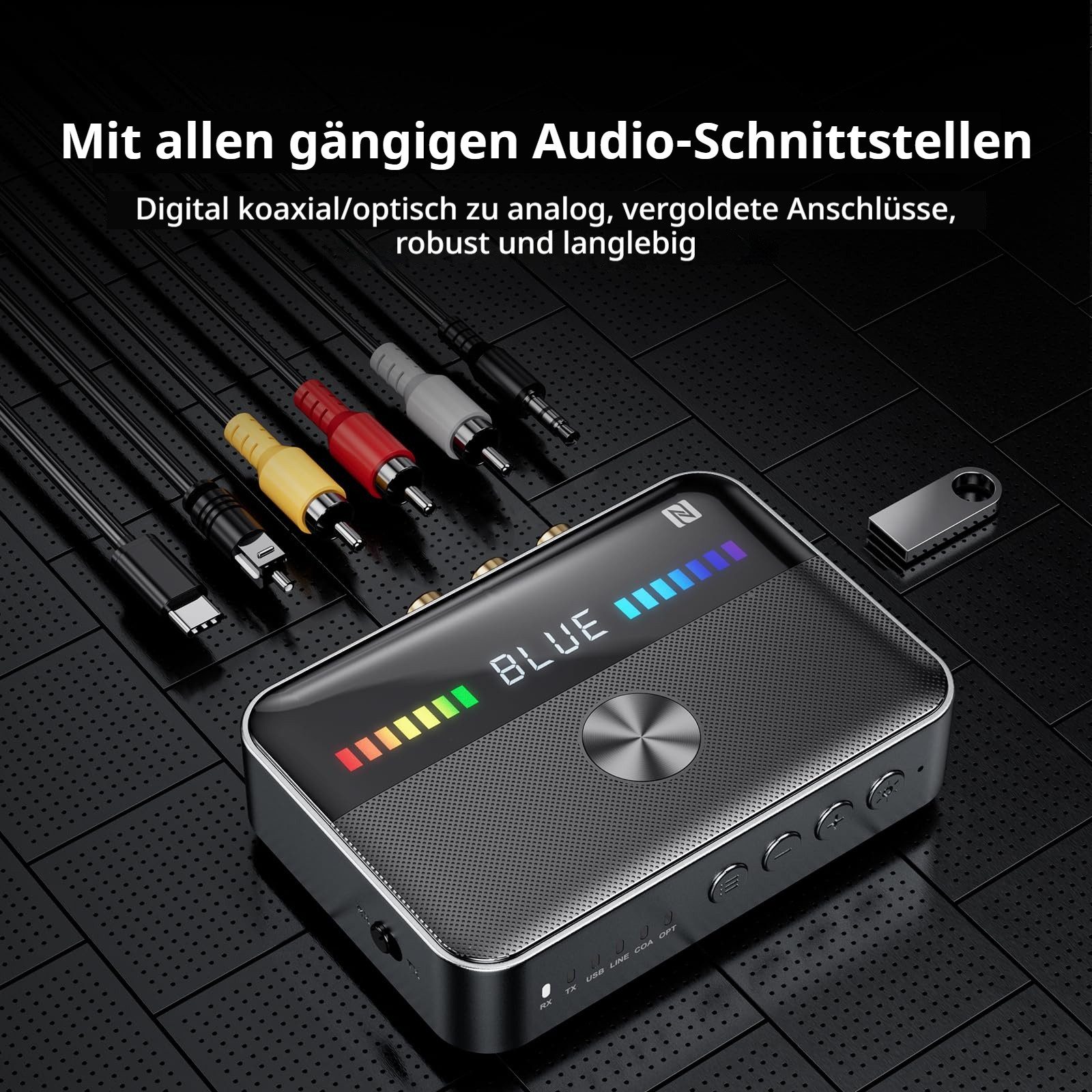 Tekoo 2-in-1 Bluetooth 5.3 Audio Adapter Sender & Empfänger für TV & HiFi Bluetooth-Adapter 3,5 mm Klinkenstecker, Cinchstecker (RCA), USB Typ C Stecker, USB Typ A Stecker zu 3,5 mm Klinkenbuchse, Cinchbuchse (RCA), Toslink Buchse (Optisch), Koaxial Buchse, USB Typ A, USB Typ C, Bluetooth 5.3, Sender & Empfänger, NFC-Pairing, LED-Display, 1000mAh
