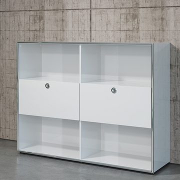 Lomadox Aktenschrank INVERNESS-19 Büro Highboard in Hellgrau Hochglanz lackiert, B/H/T 147/113/37 cm