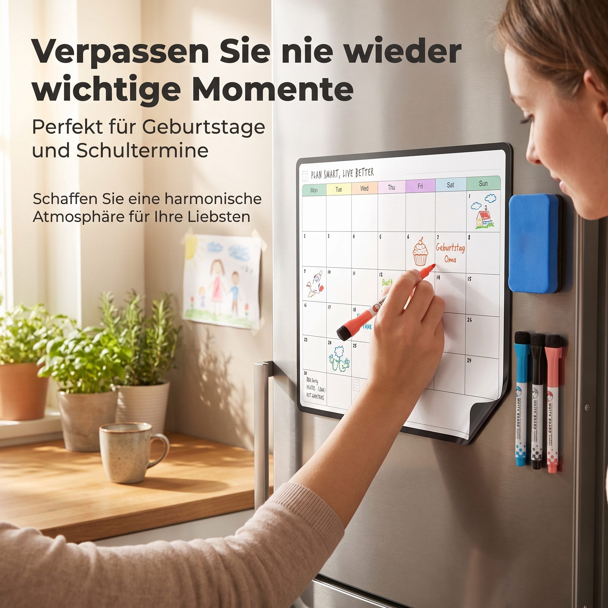 AIMAX Magnettafel Magnettafel Whiteboard A3 Monatsplaner Kühlschrank abwischbar, mit Stiften & Radierer