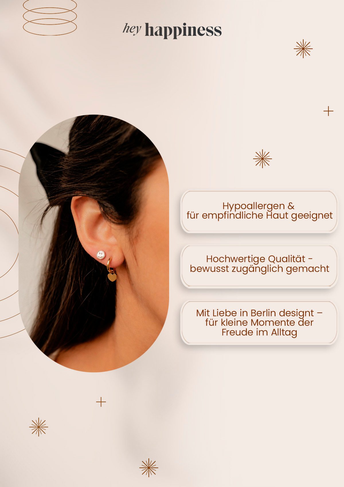 Hey Happiness Paar Ohrstecker Smiley Gesicht, mit Muschel, Kleine Ohrringe Damen Edelstahl in Gold & Roségold, sommerlich – Bild 5 von 5
