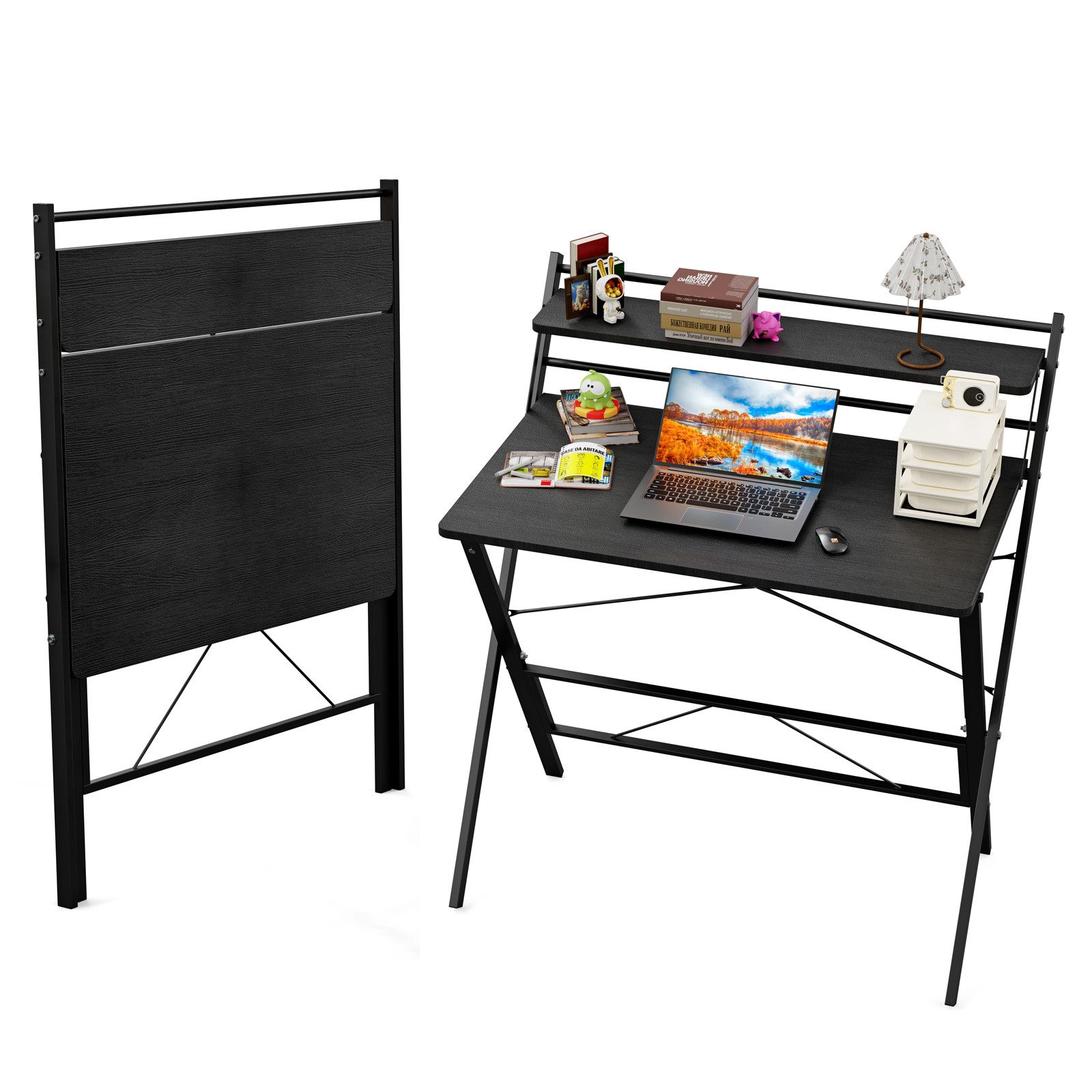 JEOBEST Computertisch Klappbarer Schreibtisch mit Regal, Home Office, kleiner Arbeitstisch 80 x 50 x 107cm
