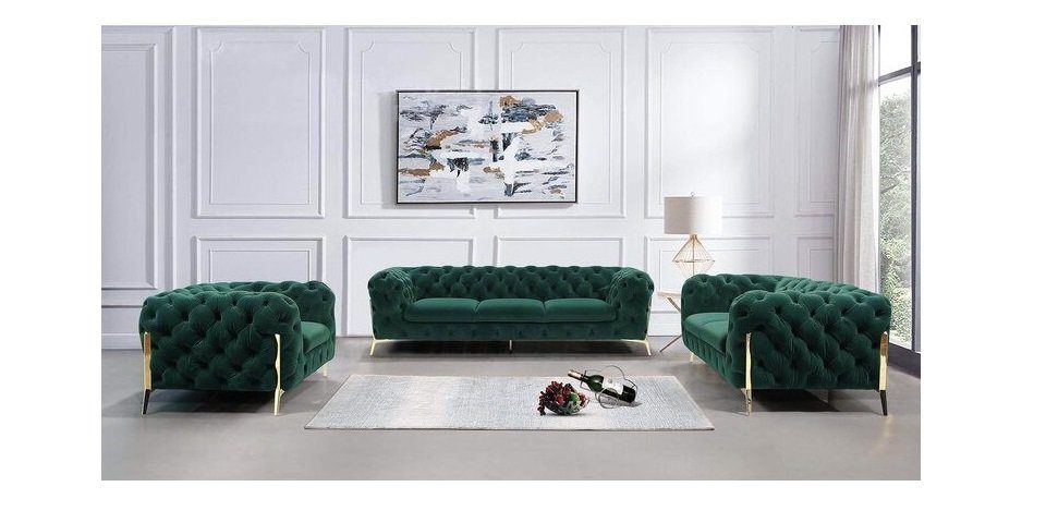 S-Style Möbel Polstergarnitur Chesterfield Ashley Polstergarnitur 3+2+1 mit Goldene Metall Füßen, (1x 3-Sitzer-Sofa, 1x 2-Sitzer-Sofa, 1x Sessel), mit Wellenfederung Flasche Grün