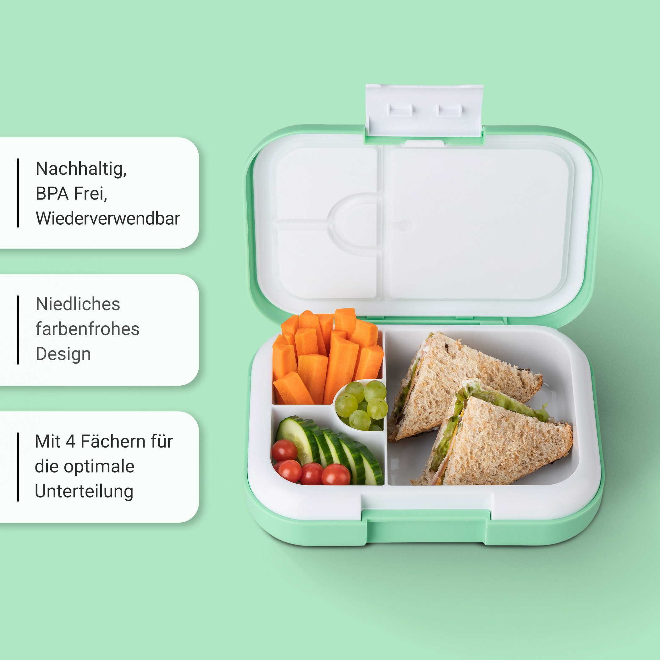 Vinsun Lunchbox Brotdose Kinder 4 Fächer - Auslaufsicher - Spülmaschinen geeignet, Kunststoff (PP Material), BPA frei, auslaufsicher, bruchsicher, Geruchs- und Geschmacksneutral