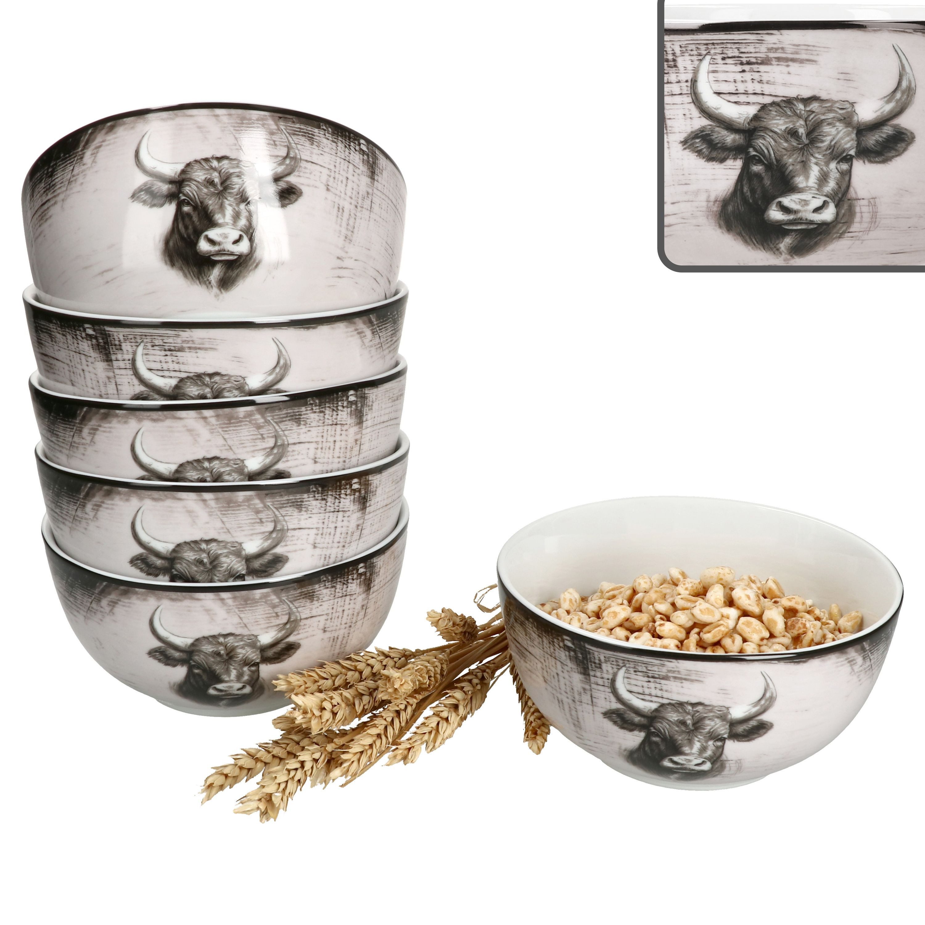 MamboCat Müslischale Toro 6x Müslischale Ø14,2cm 460ml Porzellan 6 Personen Kuh Landhaus, Porzellan