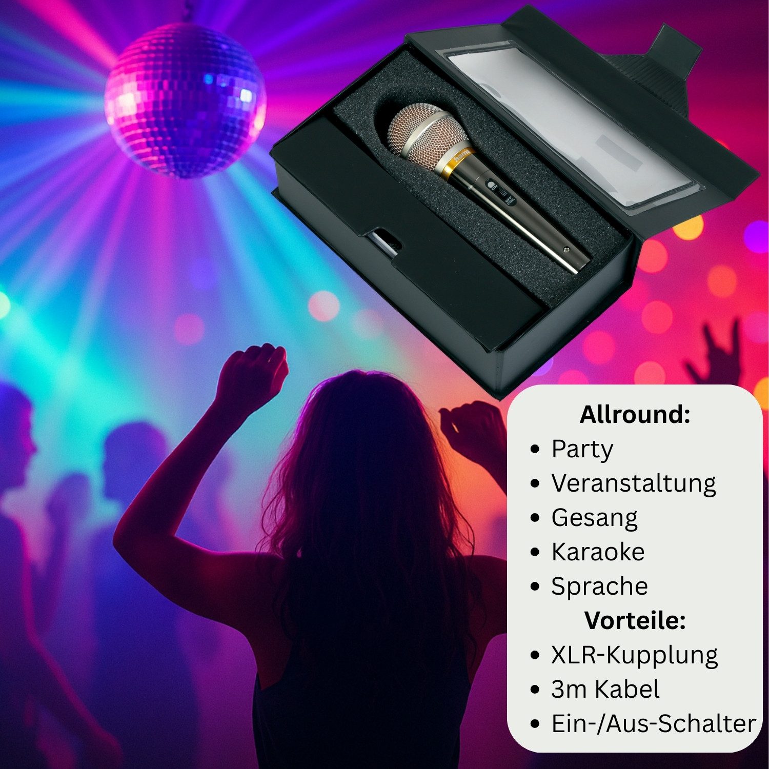 Hama Mikrofon Dynamisches Mikrofon DM-60 kabelgebunden Silber (Set), 3m Kabel Party Veranstaltung DJ Mix Karaoke XLR 6,35mm Klinke Stecker