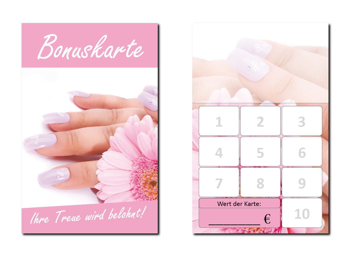 LYSCO Visitenkarten Bonuskarte Nagelstudio Naildesign Beauty Wellness Kosmetik, Treuekarten, Rabattkarte, Maniküre, 10 Stempelfeldern + Firmenstempel