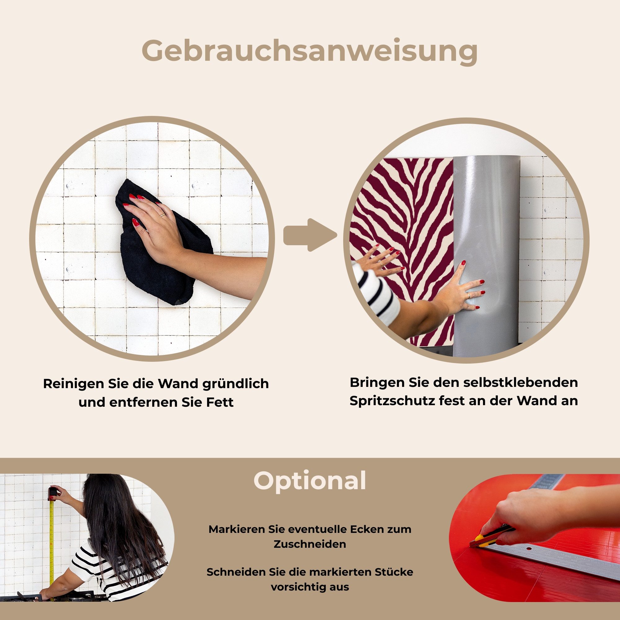 KitchenYeah Küchenrückwand selbstklebend (keine Folie) Zebra - Motiv - Bordeaux - Rot, (1-tlg), Spritzschutz Küchenrückwand, Wandschutz, 120x80 cm