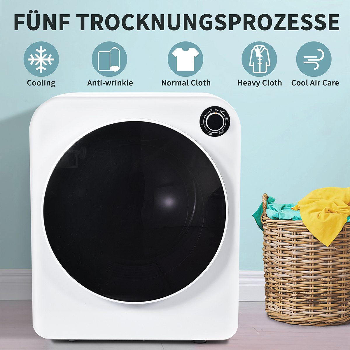 autolock Wandwäschetrockner Ablufttrockner Wäschetrockner Edelstahl Trockner 3 Kg 830W, Dreifachfilter 5 Programme Überhitzungsschutz Weiß