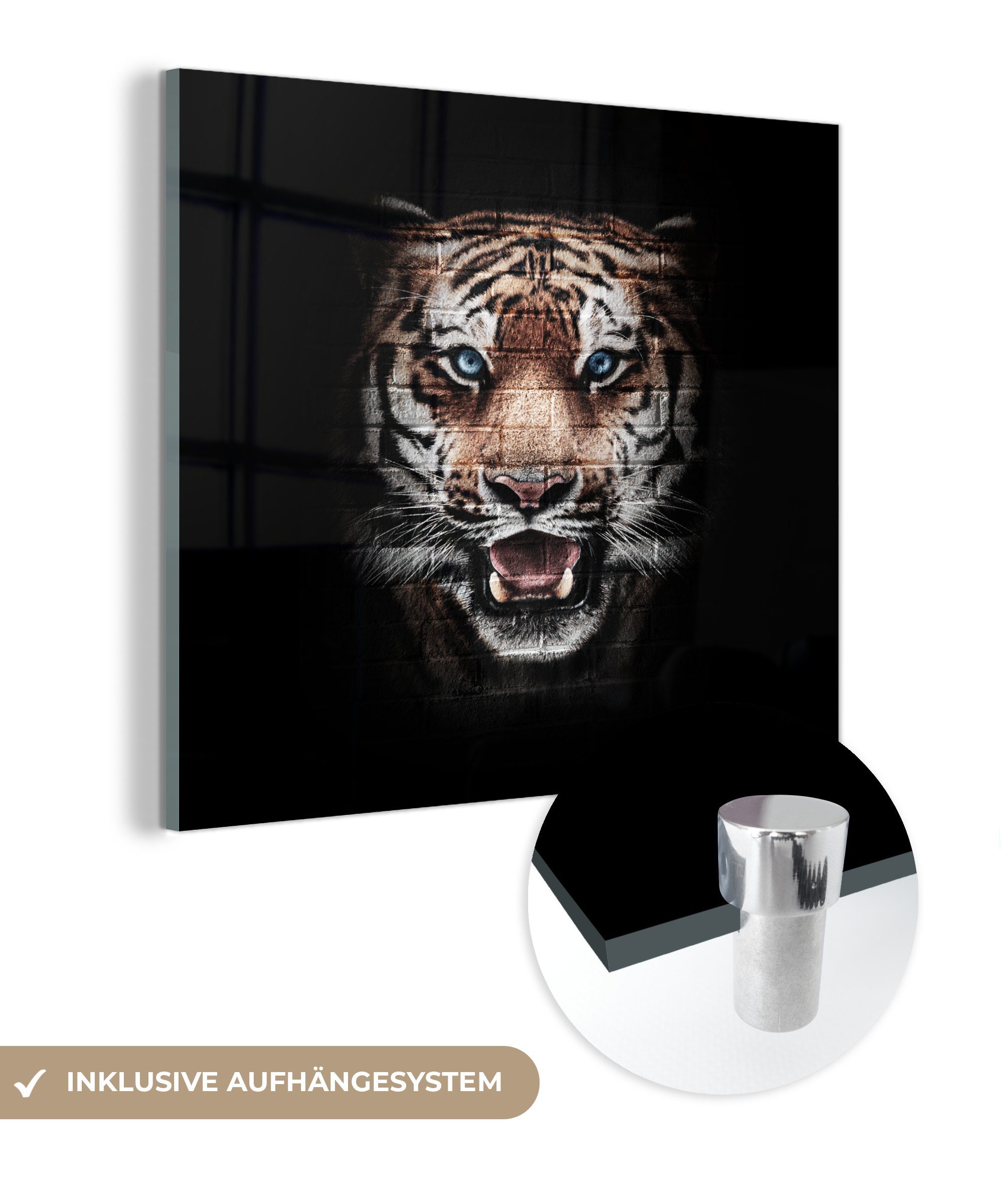 MuchoWow Acrylglasbild Tiger - Stein - Wand, (1 St), Glasbilder - Bilder auf Glas Wandbild - Foto auf Glas - Wanddekoration