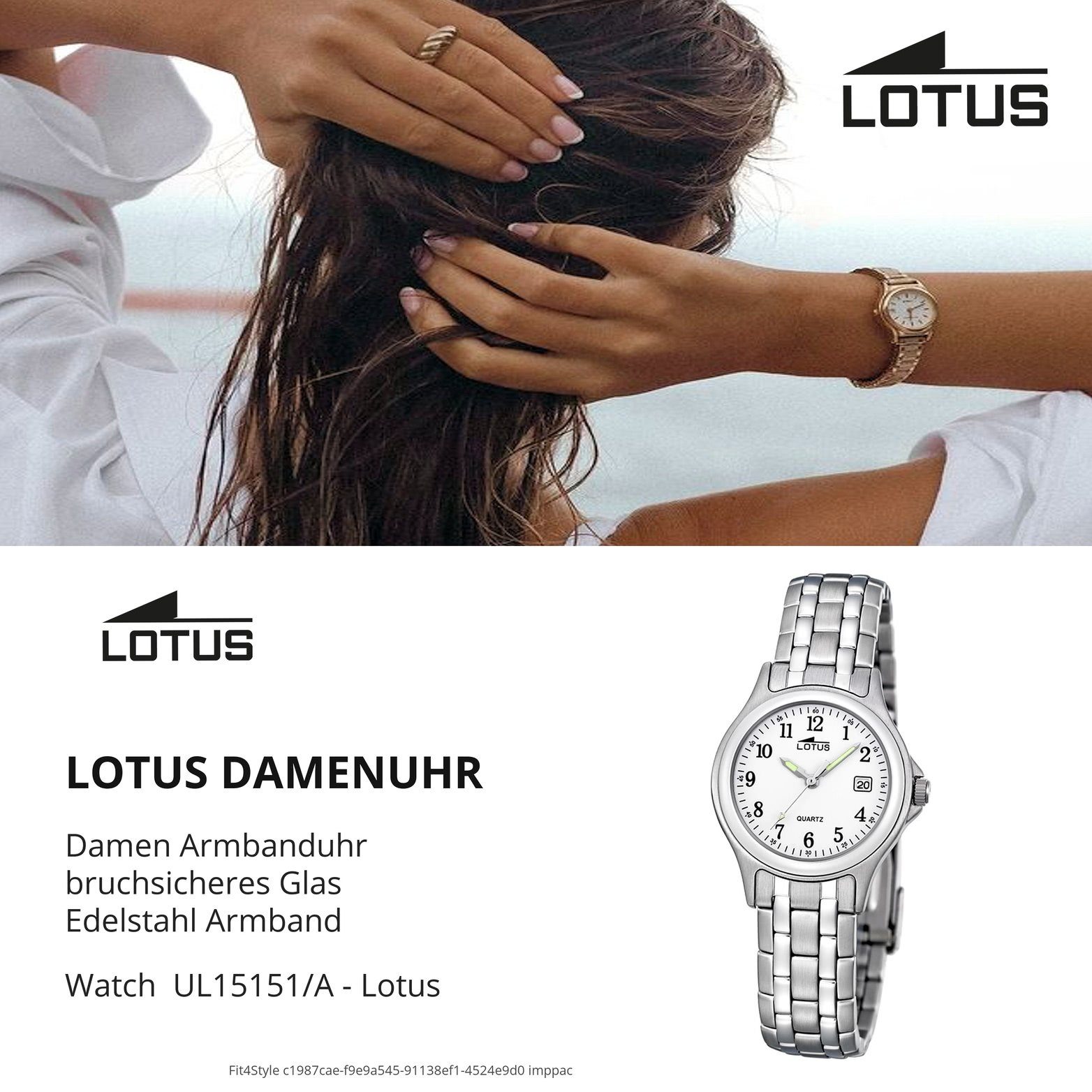 Lotus (ca. klein Uhr Damen L15151/A, 28,3mm), rundes Edelstahlarmband, Lotus Gehäuse, Quarzuhr Edelstahl Ele mit Damenuhr