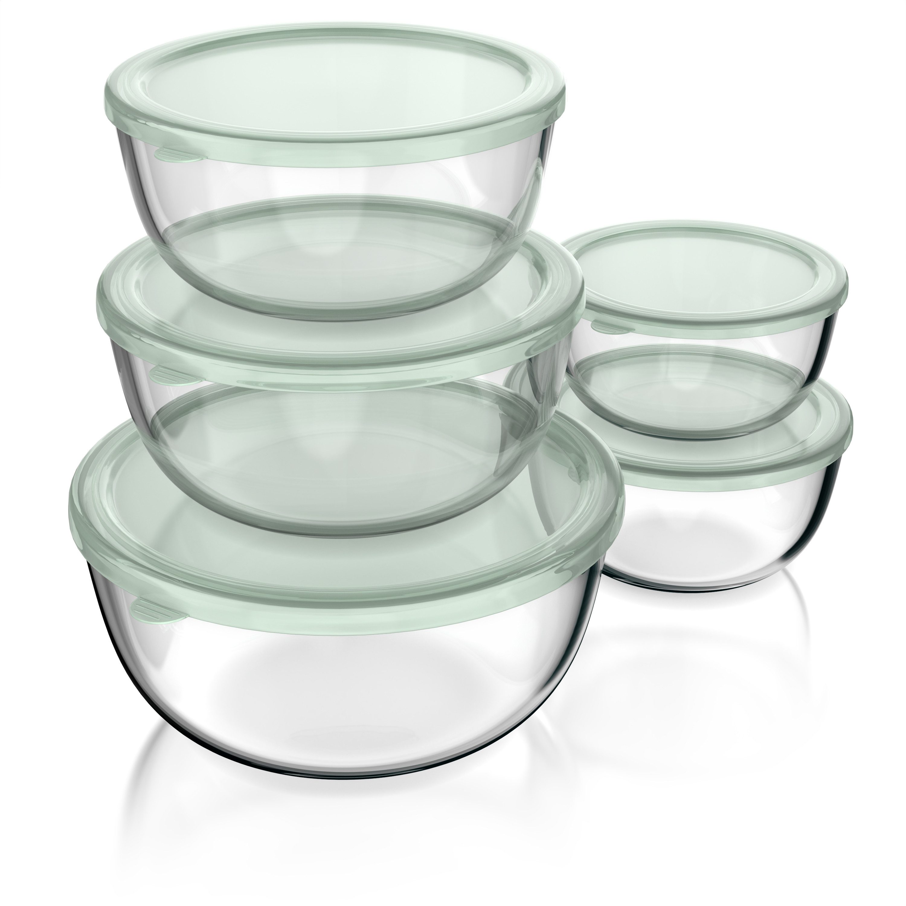 Arendo Salatschüssel 5x Glasschüsseln + Deckel 1L, 1,5L, 2L, 2,7L & 4,4L, Glas Rührschüssel, Glas, (5er Set, 5-tlg), Glasschale, BPA-frei, spülmaschinen- und mikrowellengeeignet