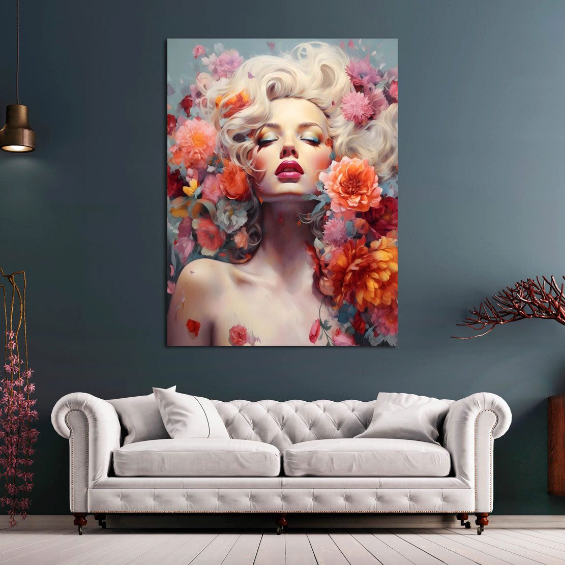 Artedinoi Leinwandbild Marilyn Flower Colour Leinwandbild Wandbild Kunstdruck XL Deko, Marilyn Monroe mit Blumen, farbig
