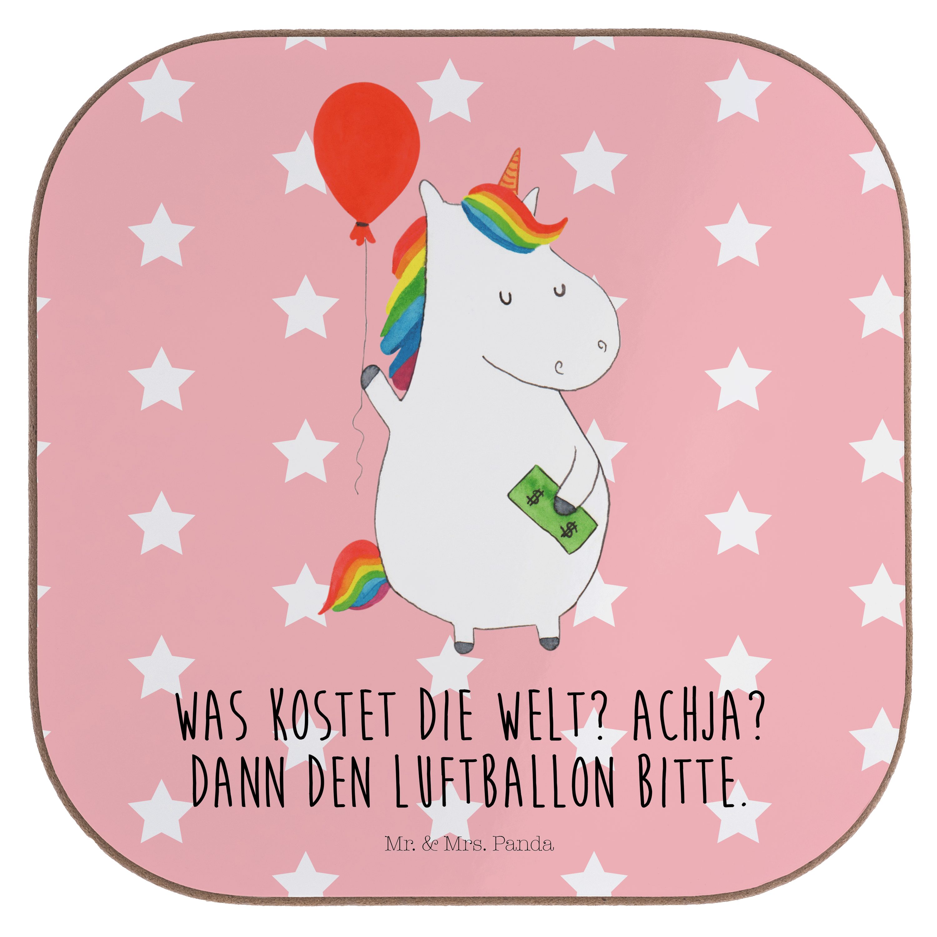 Mr. & Mrs. Panda Getränkeuntersetzer Einhorn Luftballon - Rot Pastell - Geschenk, Unicorn, Pegasus, Einhor, 1-tlg.