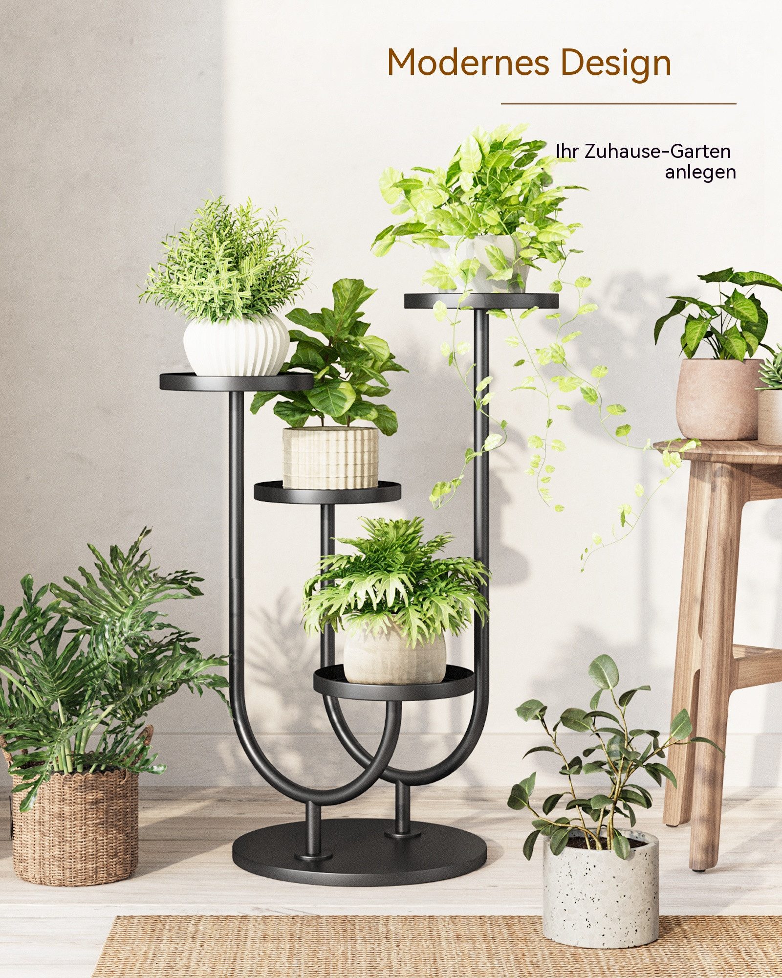 Bamworld Blumenständer Verbesserter Pflanzenständer für Außen & Ecken, Schwarz, 4 Töpfe (1 St), Mittelalter-Modern, Innen/Außen Balkon Wohnzimmer – Bild 5 von 5