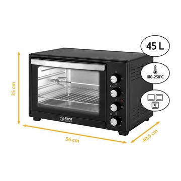 TZS FIRST AUSTRIA Minibackofen Mini-Backofen mit Umluft 45L, 2000W, Kochen, Backen, Hähnchengrill, Temperaturregler 100-230°, energieeffizient, Miniküche, Camping