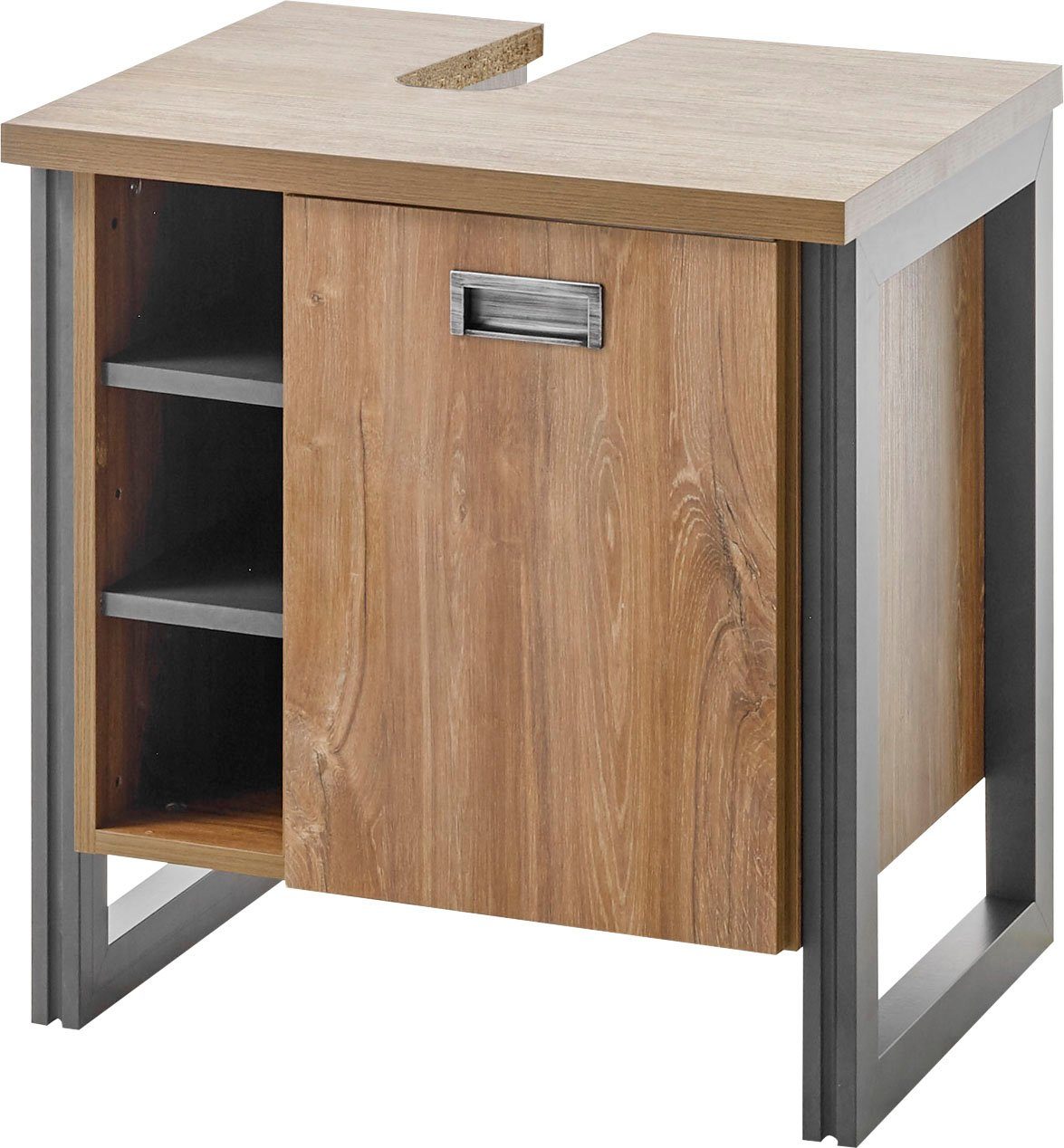 Home affaire Waschbeckenunterschrank Detroit, Waschtisch mit Apothekergriff, Badschrank im Industrialdesign Eiche Dekor, mit offenen Fächern & Stauraum, Breite 61 cm