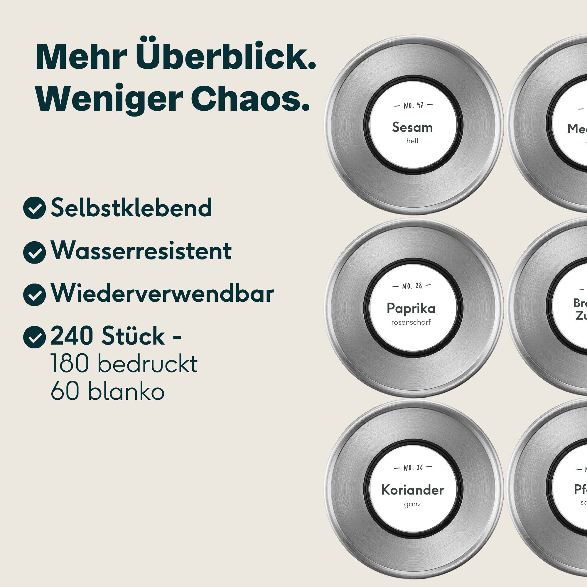 SILBERTHAL Etikett für Gewürzgläser Rund 240 Stück, Vorgedruckt & Blanko, wasserfest & wiederverwendbar
