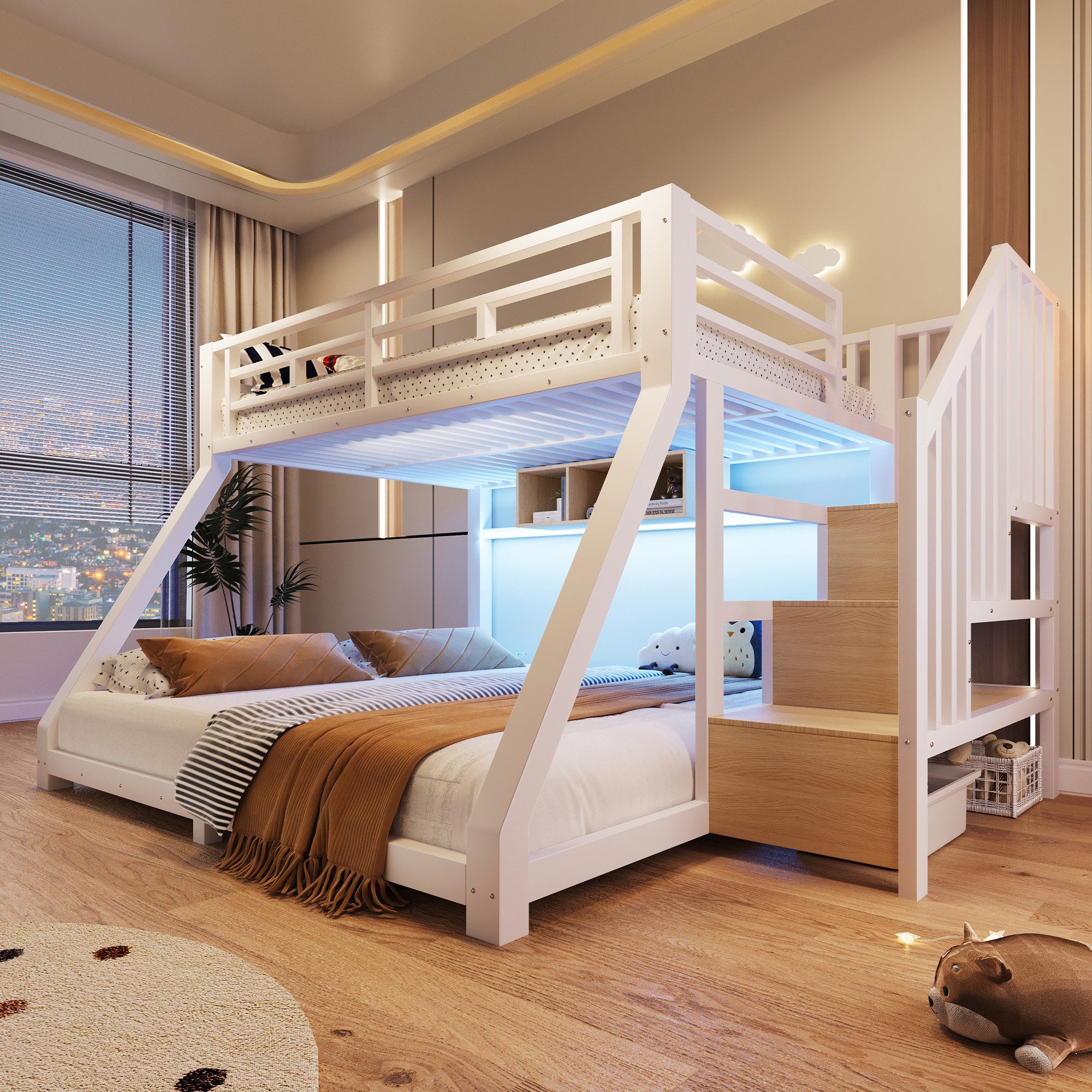 MODFU Etagenbett Jugendbett mit LED-Lichtleisten, Treppe mit Stauraum, Metallbett (Metallbett mit 3 Ablagefächern, Sicherheitsgeländer, 90x200 & 140x200 cm Funktionsbett), ohne Matratze