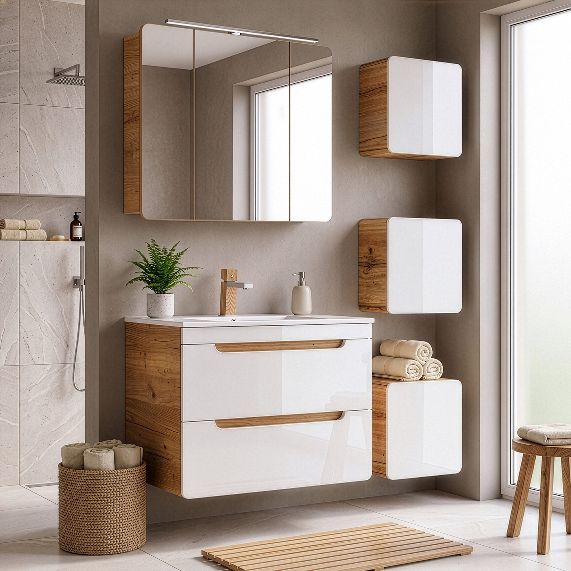 Lomadox Badmöbel-Set LUTON-56, (Spar-Set, 5-St), weiß mit Wotan Eiche Nb. mit LED-Spiegelschrank 130/200/46 cm