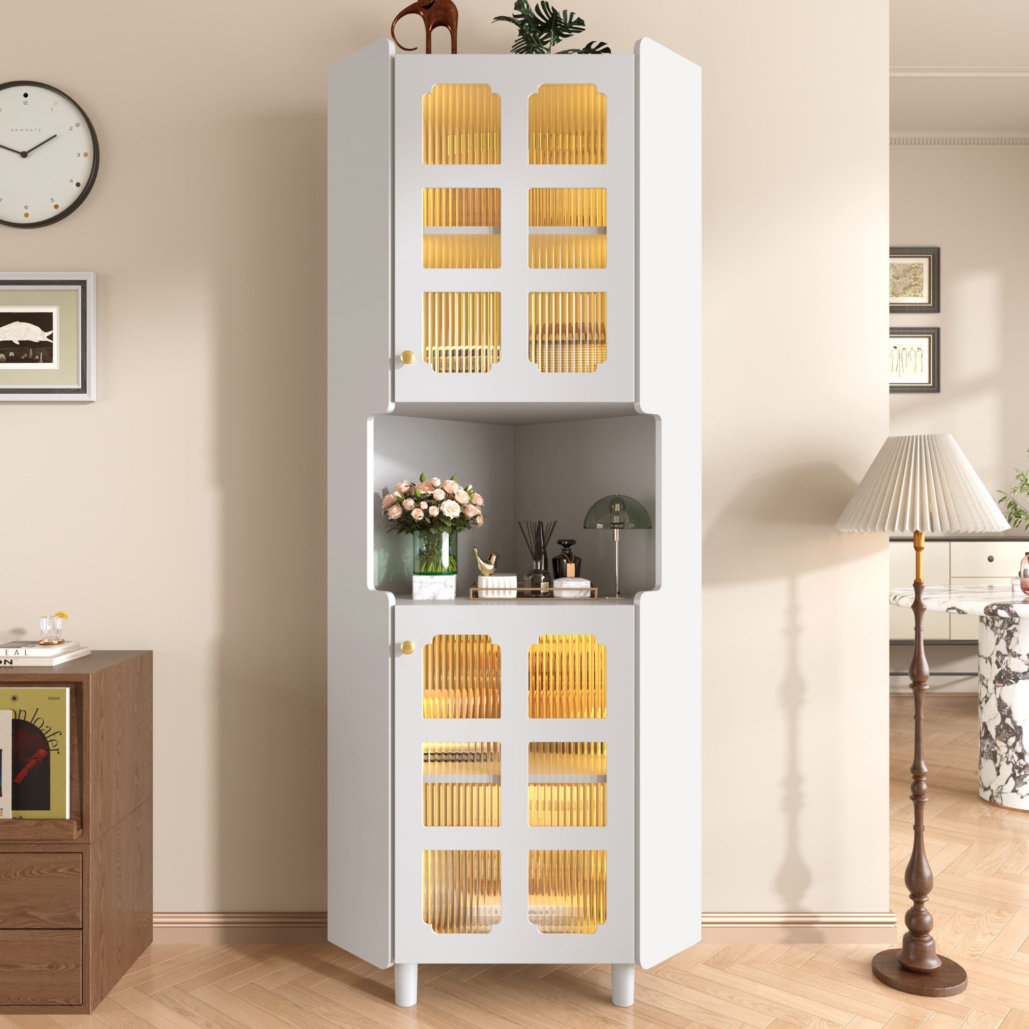 Merax Glasvitrine Badezimmerschrank Eckschrank mit LED-Beleuchtung, App-gesteuert (1-St., Glasvitrine mit 2 Türen, Offene Lagerung) Bücherregal, Vitrine