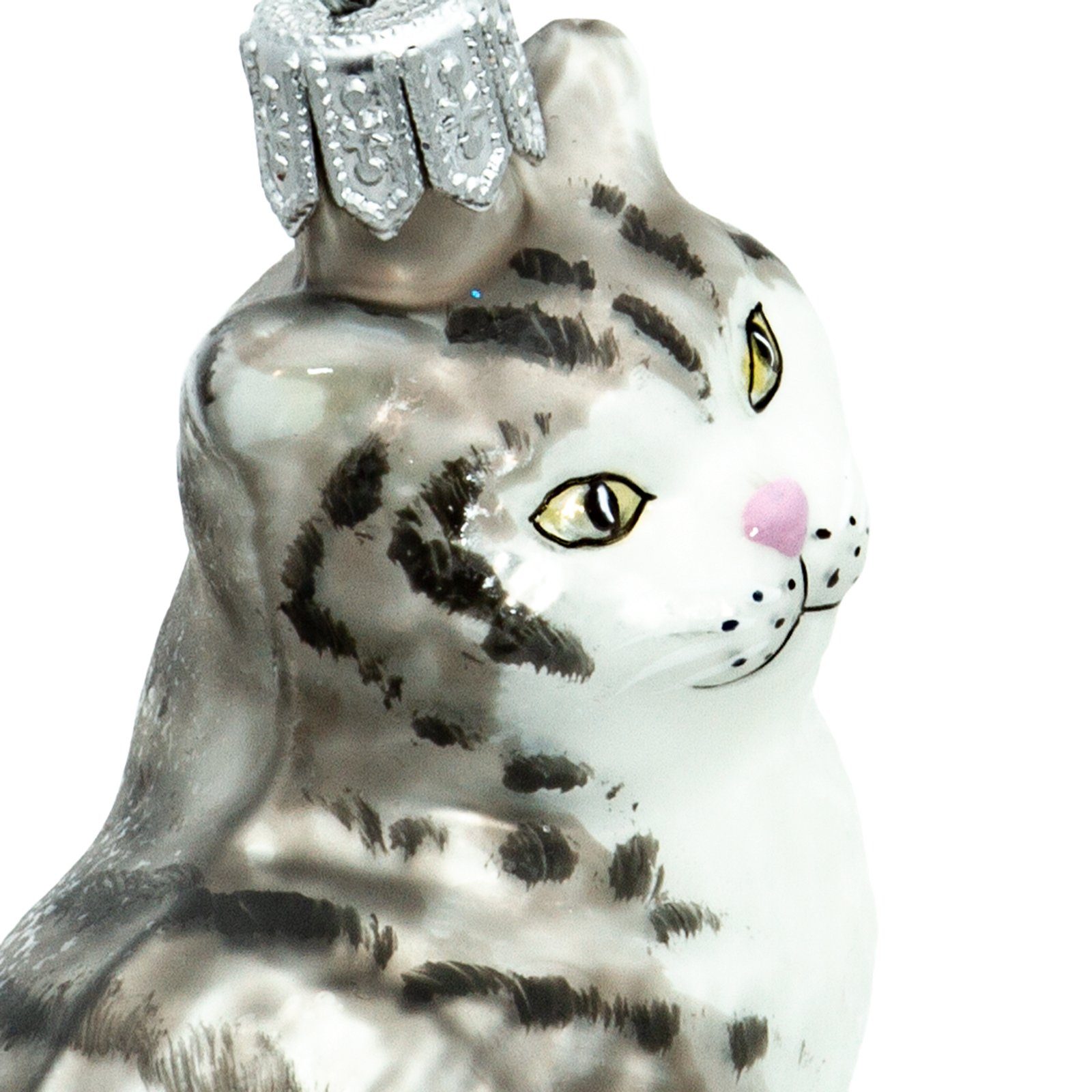 SIKORA Christbaumschmuck BS705 Katze Weihnachtsbaum getiegert Anhänger grau Figur Line Glas Premium 