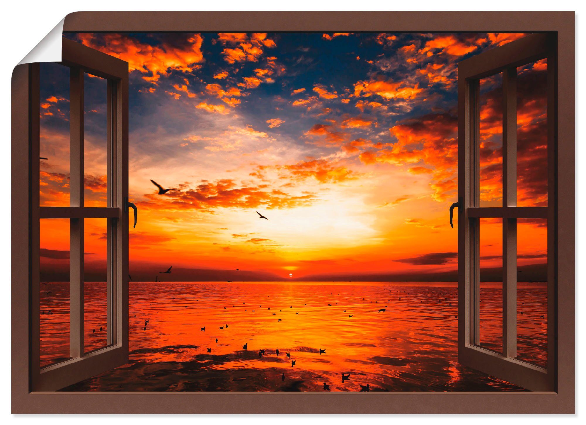 Artland Wandbild Fensterblick Sonnenuntergang am Strand, Fensterblick (1 St), als Leinwandbild, Wandaufkleber oder Poster in versch. Größen