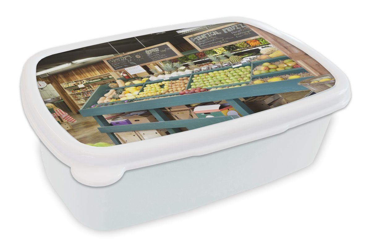 MuchoWow Lunchbox Obst - Supermarkt - Kreidetafel, Kunststoff, (2-tlg), Brotbox für Kinder und Erwachsene, Brotdose, für Jungs und Mädchen weiß