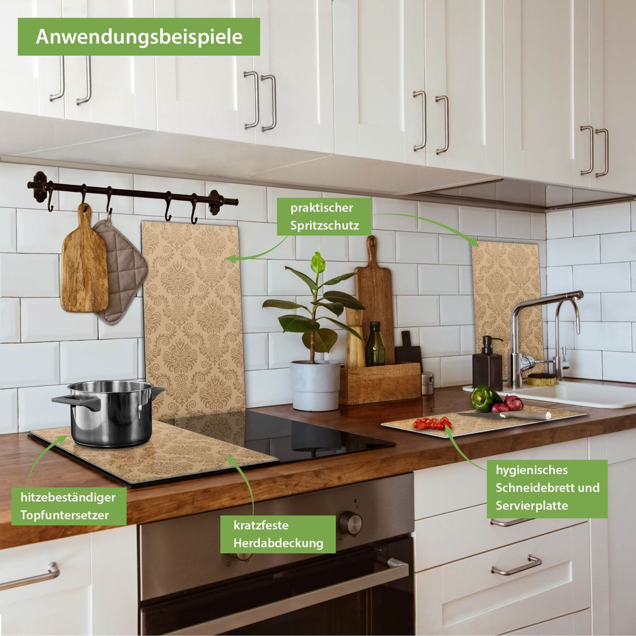 banjado Herd-Abdeckplatte zweiteilig aus Glas mit Motiv Tapete Beige, (gehärtet, 2 tlg., inkl. selbstklebende Gummifüßchen)