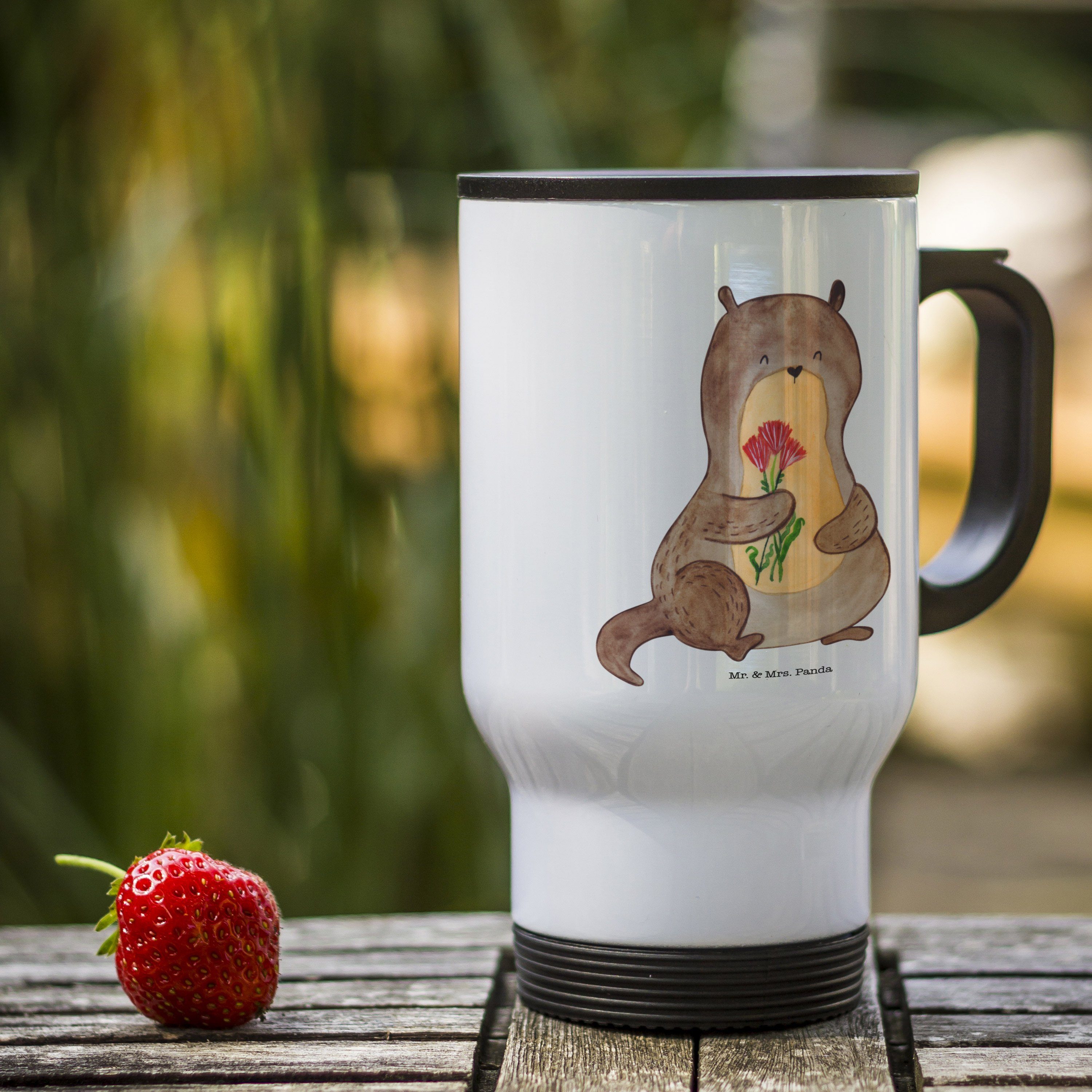Mr. & Mrs. Panda Thermobecher Otter Blumenstrauß, thermosbecher, Weiß, Seeotter See, Thermobecher, Edelstahl, Autobecher Geschenk Süß
