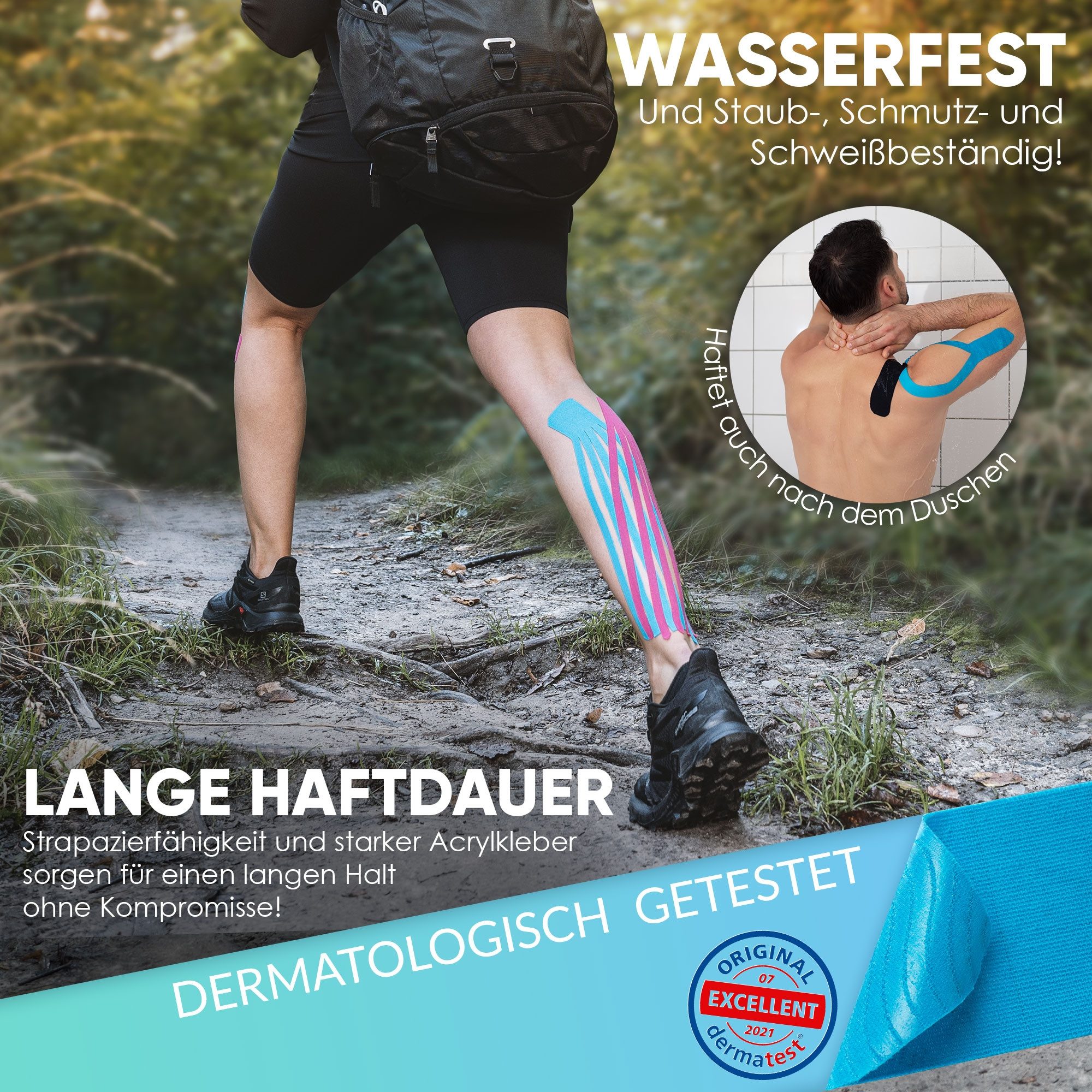 Health Press Kinesiologie-Tape 2 Rollen Profi Physio Tape & Sporttape Hautfreundlich (5cm x 5m) DERMATEST: SEHR GUT – Bild 5 von 5